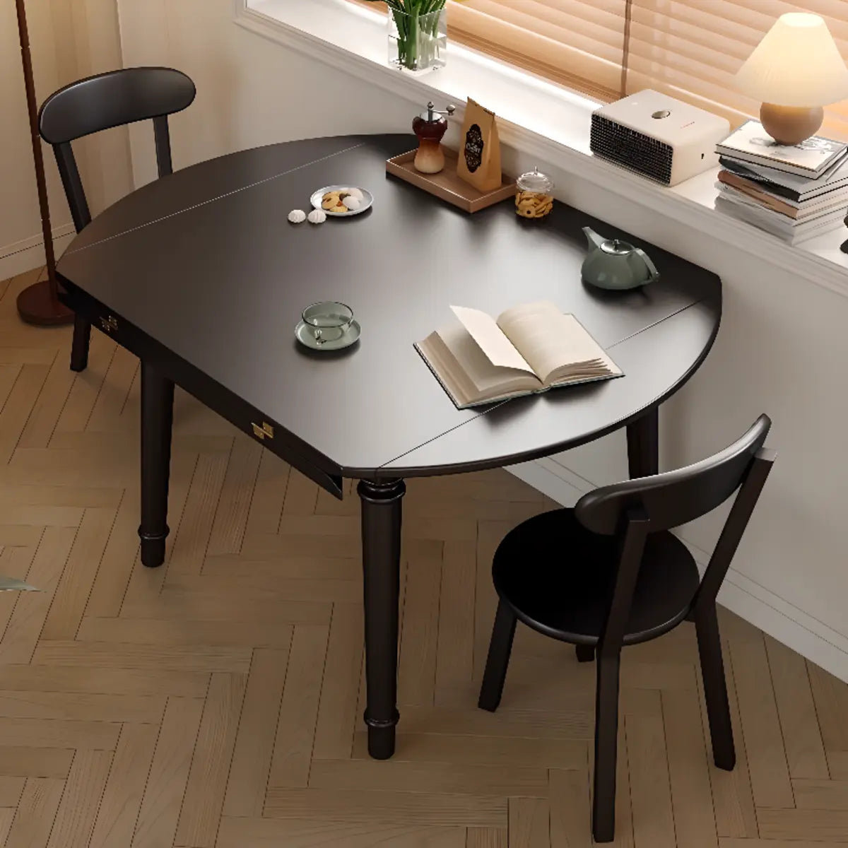 Modern Simplistic Black Round Wood Dining Table Extendable Image - 6