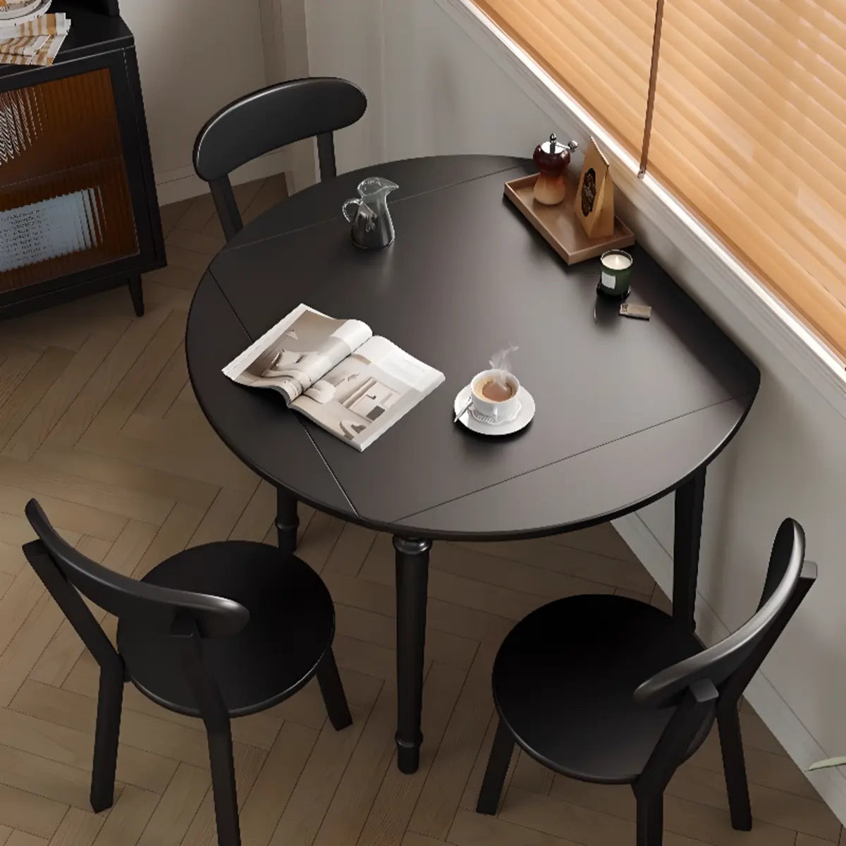 Modern Simplistic Black Round Wood Dining Table Extendable Image - 7