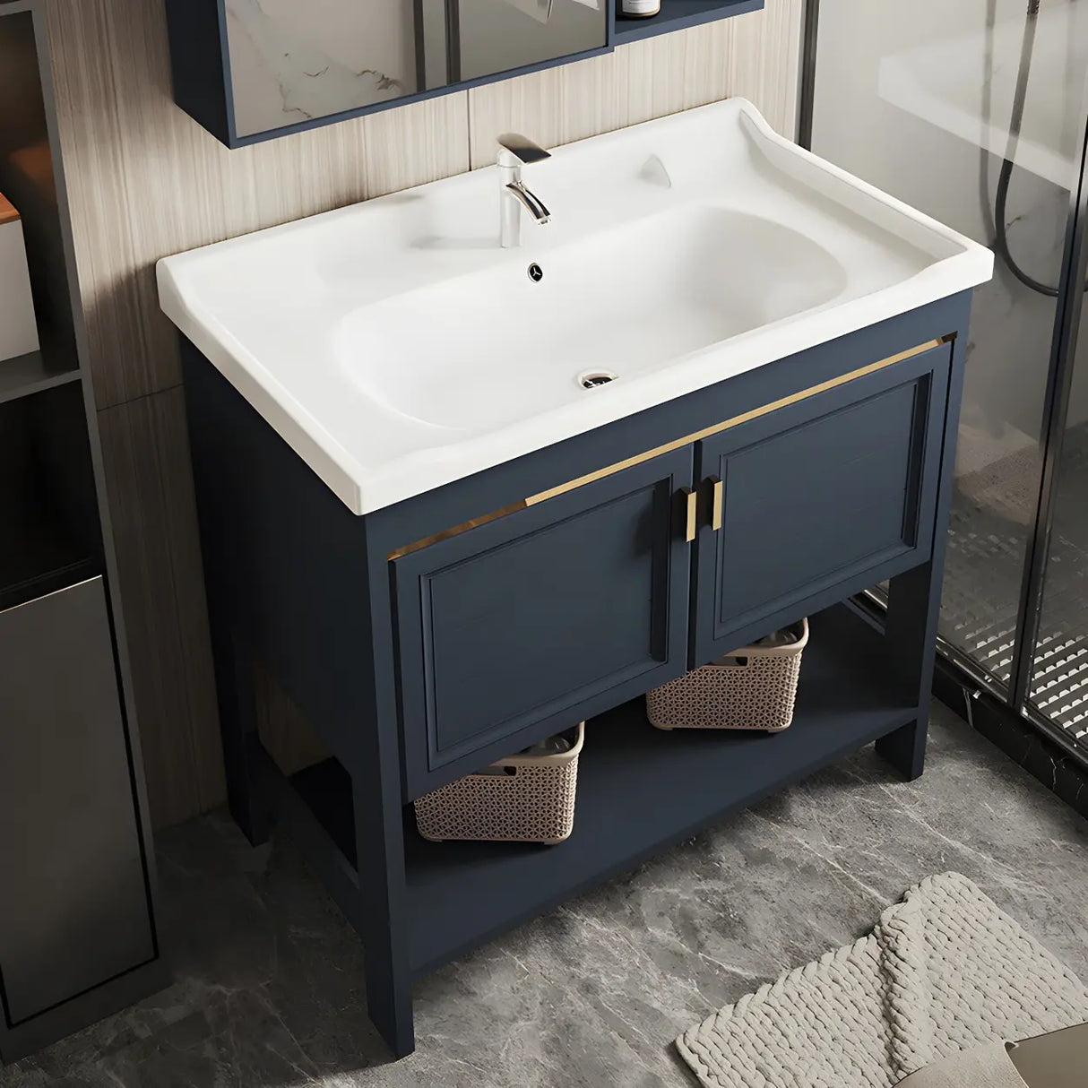 Modern Single Blue Sink Freestanding Metal Base Bath Vanity Image - 1