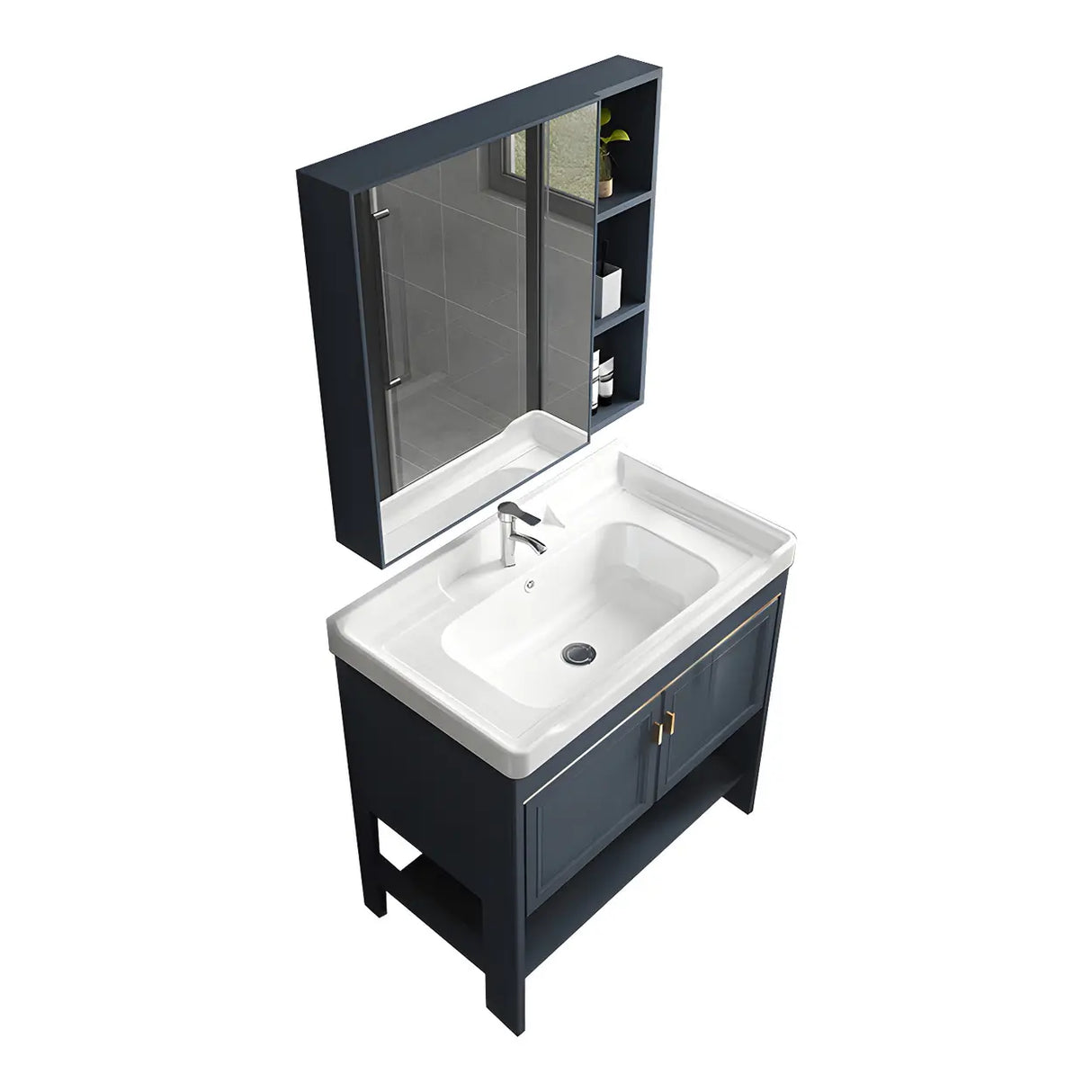 Modern Single Blue Sink Freestanding Metal Base Bath Vanity Image - 27