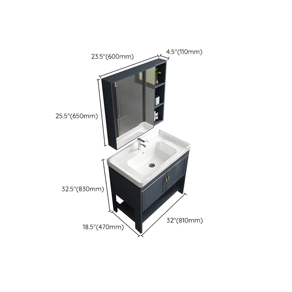 Modern Single Blue Sink Freestanding Metal Base Bath Vanity