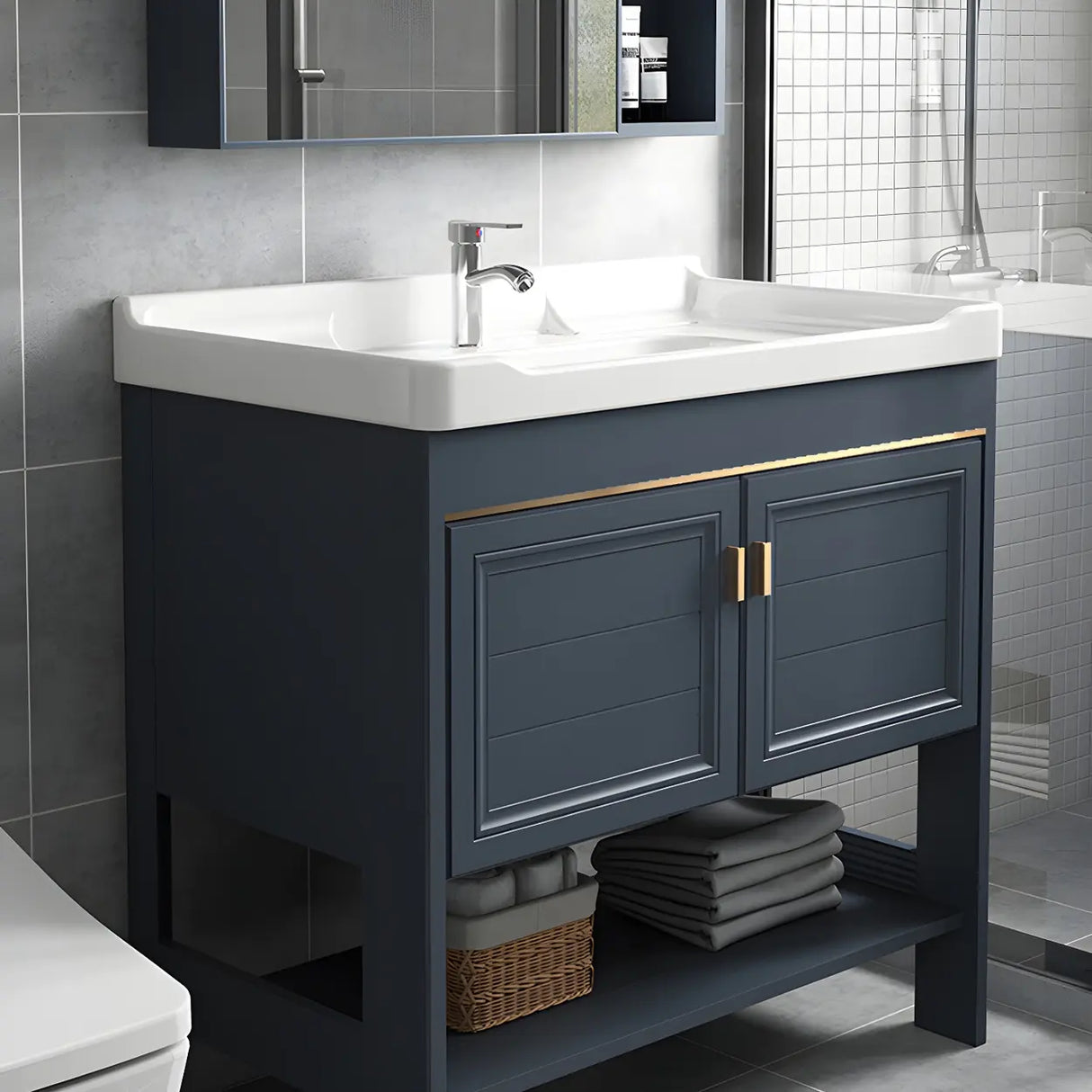 Modern Single Blue Sink Freestanding Metal Base Bath Vanity Image - 7
