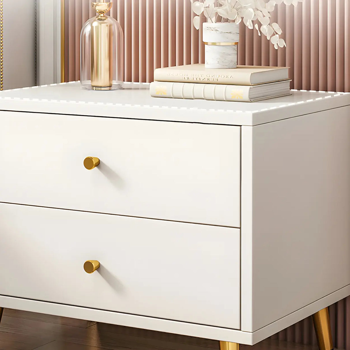 Modern Sleek Wood White Two-Drawer Storage Nightstand Image - 13