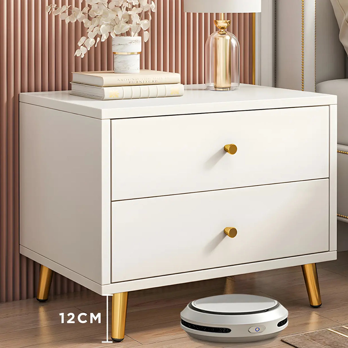 Modern Sleek Wood White Two-Drawer Storage Nightstand Image - 14