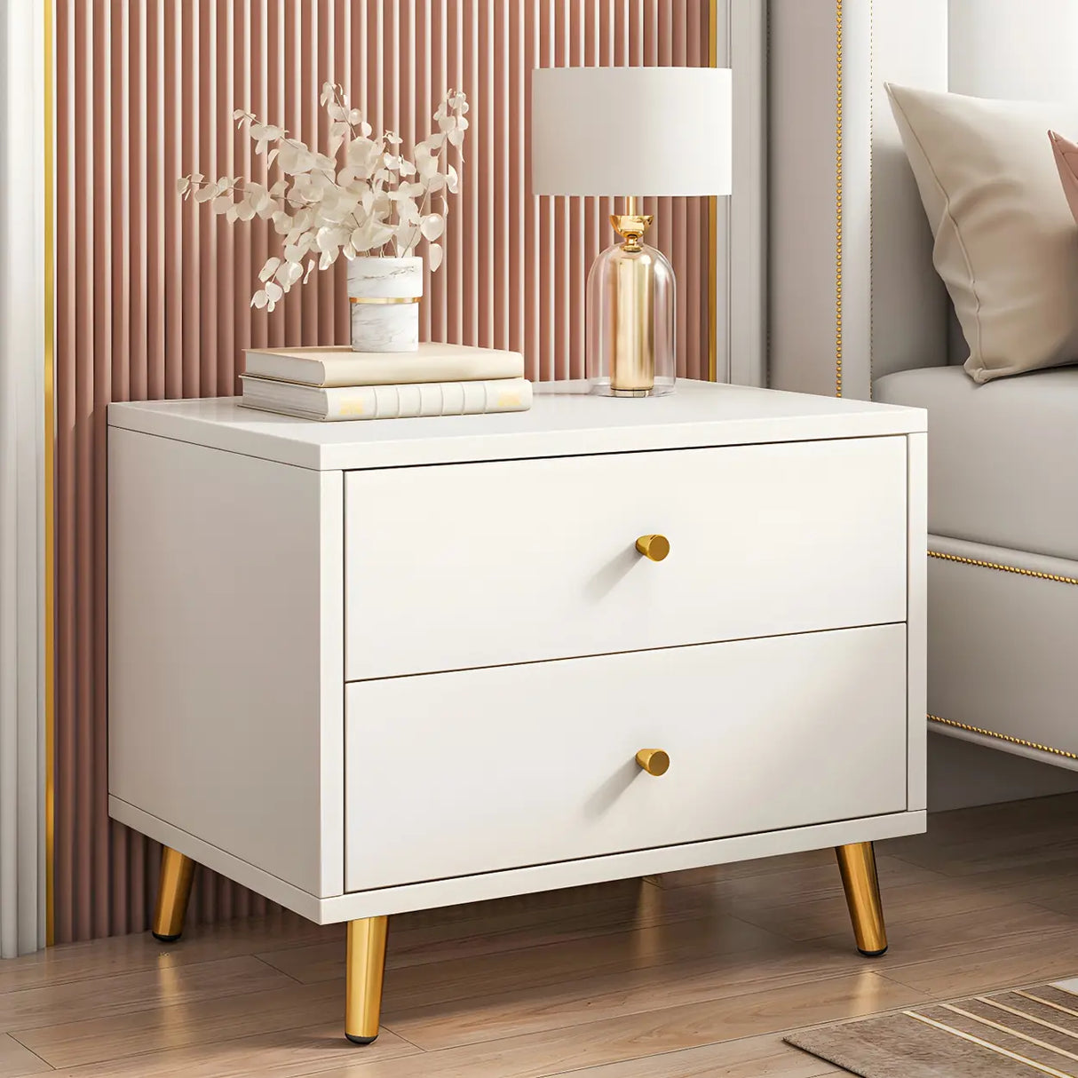 Modern Sleek Wood White Two-Drawer Storage Nightstand Image - 1