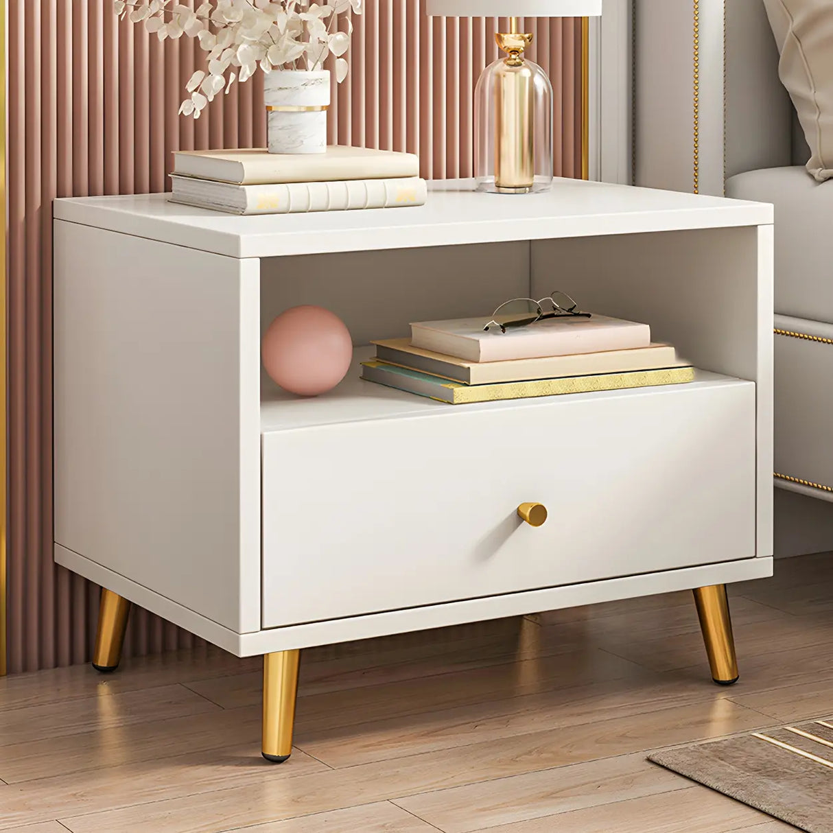 Modern Sleek Wood White Two-Drawer Storage Nightstand Image - 5