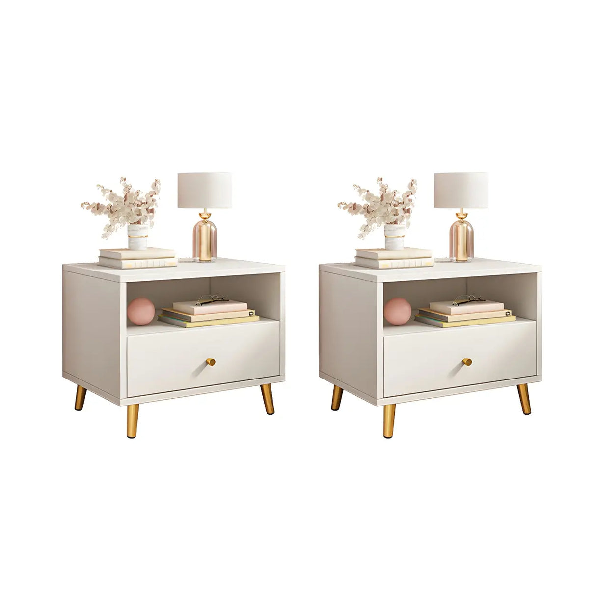 Modern Sleek Wood White Two-Drawer Storage Nightstand Image - 6