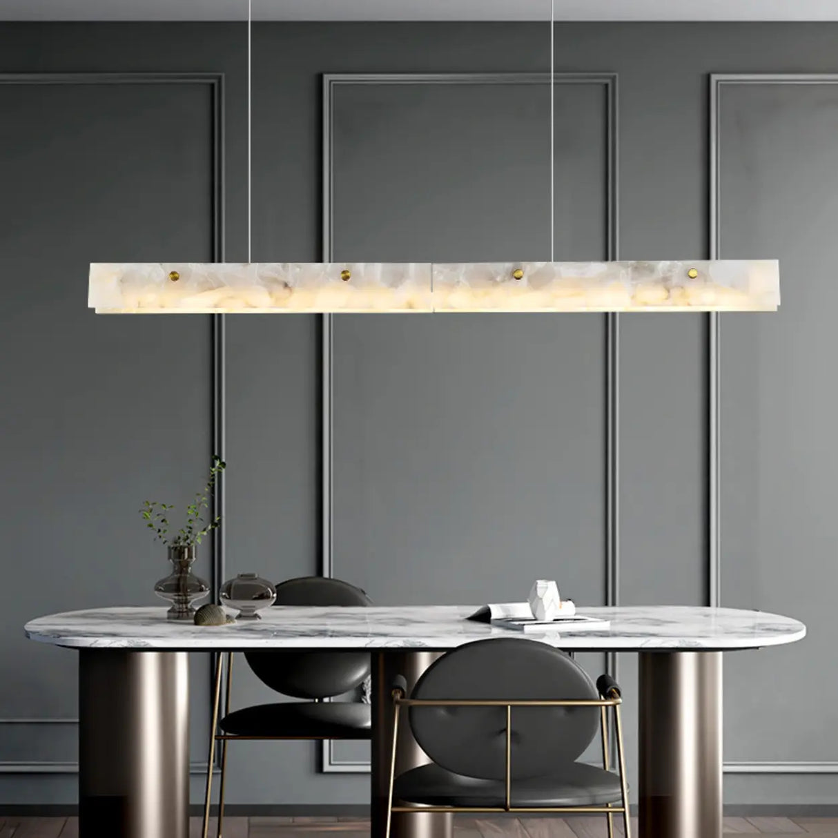 Modern Slim Alabaster Kitchen Island Linear Pendant Light Image - 2