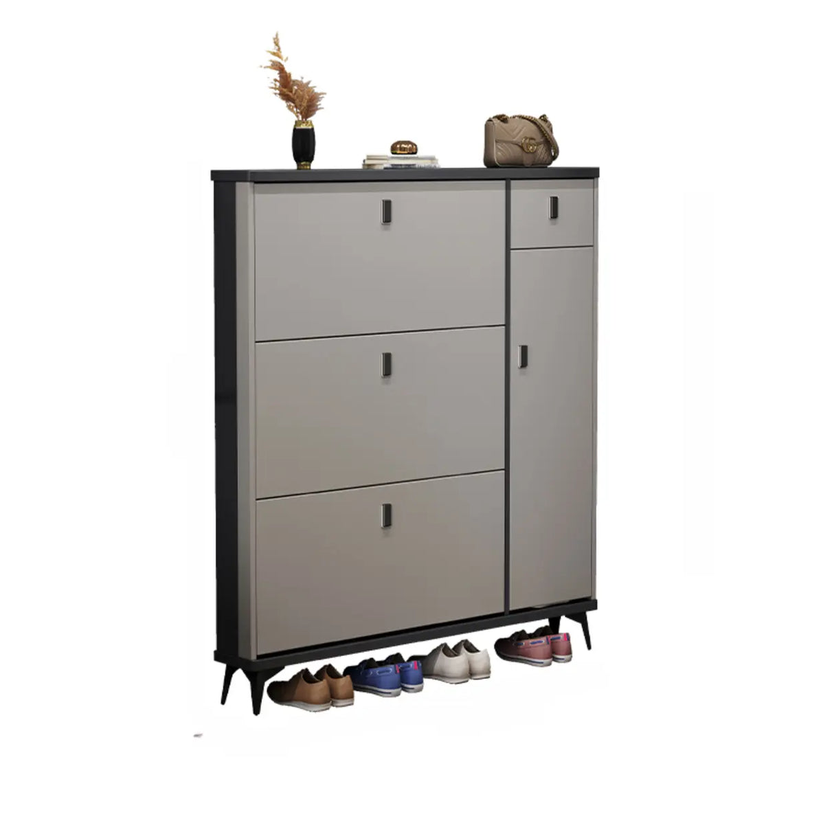 Modern Slim Tall White Wood Entryway Shoe Cabinet 3-Tiers Image - 10