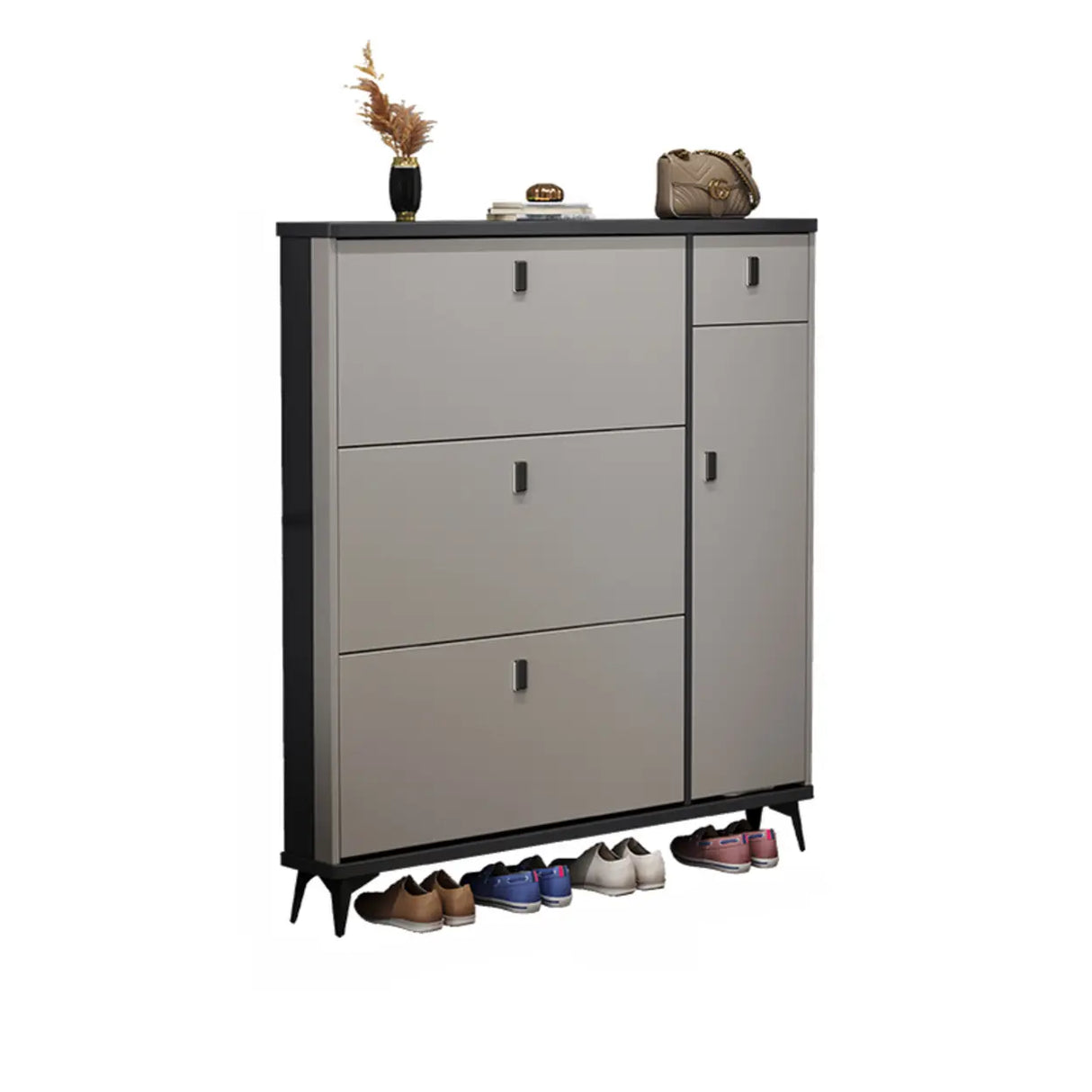 Modern Slim Tall White Wood Entryway Shoe Cabinet 3-Tiers Image - 11