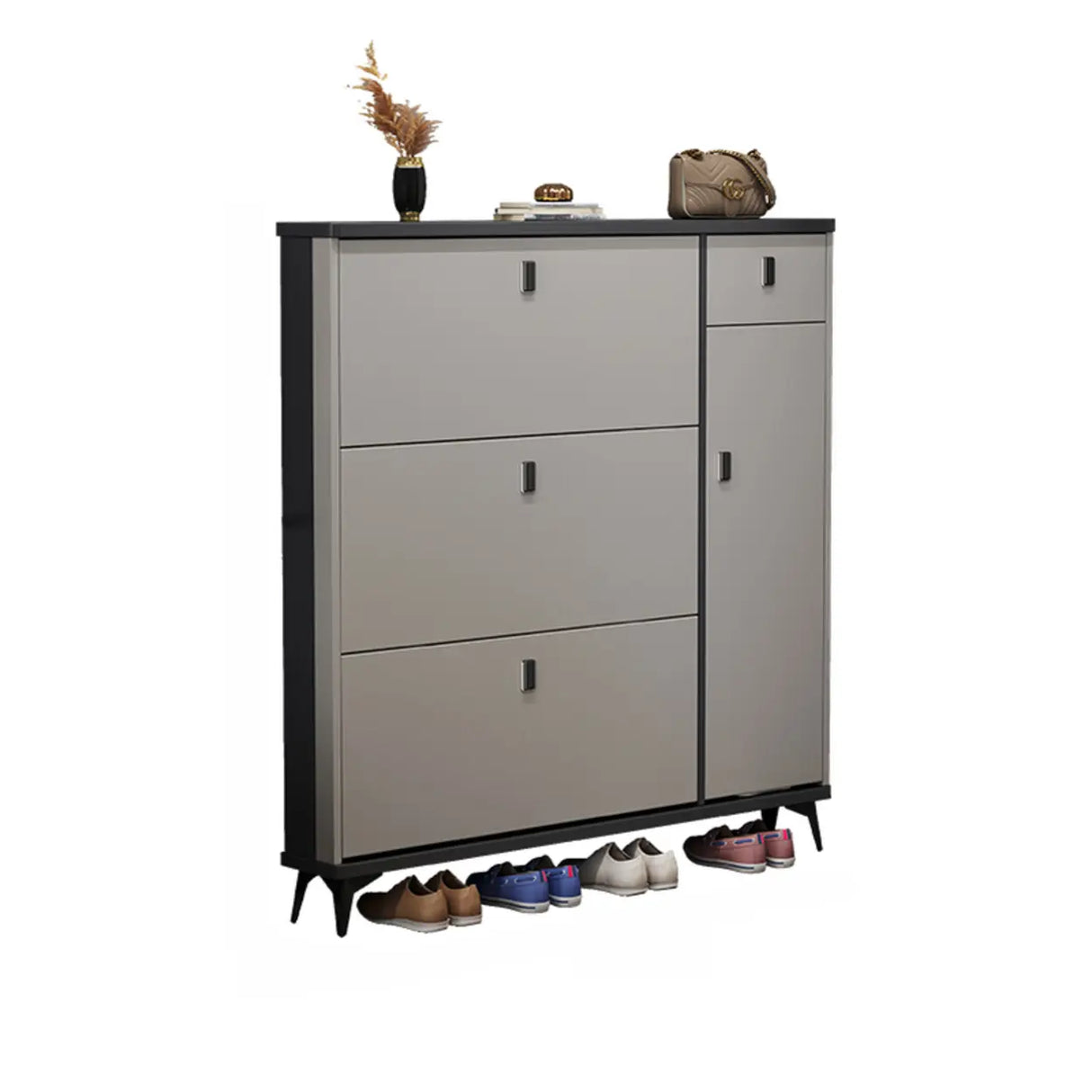 Modern Slim Tall White Wood Entryway Shoe Cabinet 3-Tiers Image - 12