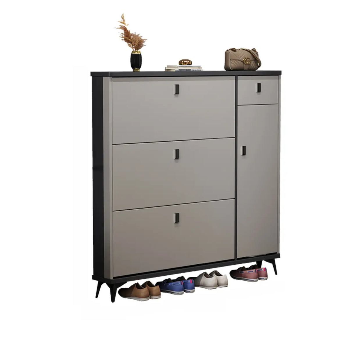 Modern Slim Tall White Wood Entryway Shoe Cabinet 3-Tiers Image - 13