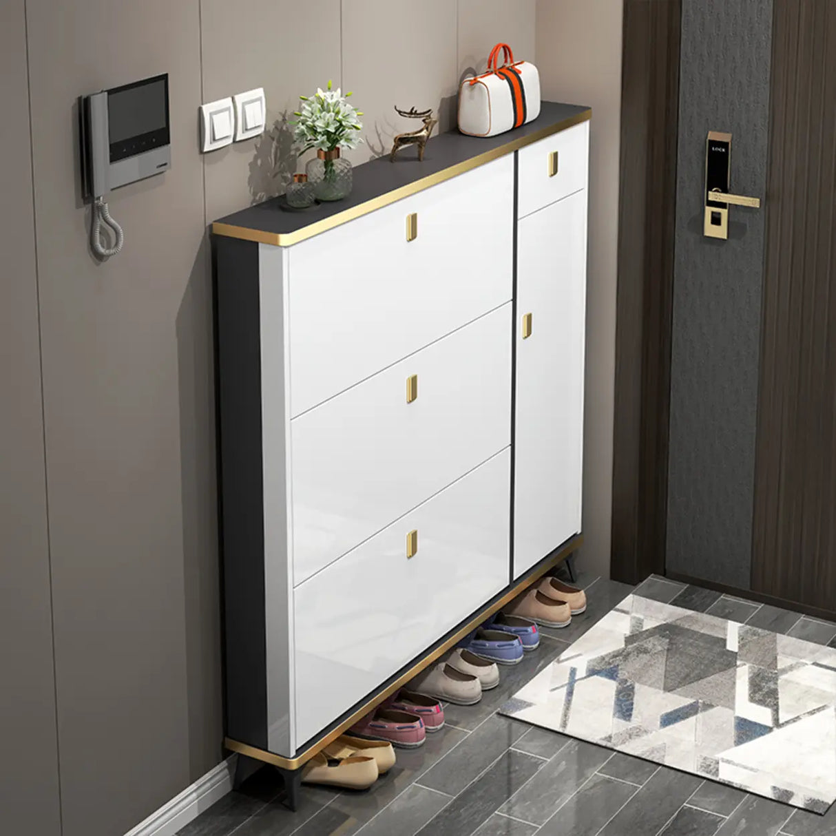 Modern Slim Tall White Wood Entryway Shoe Cabinet 3-Tiers Image - 1