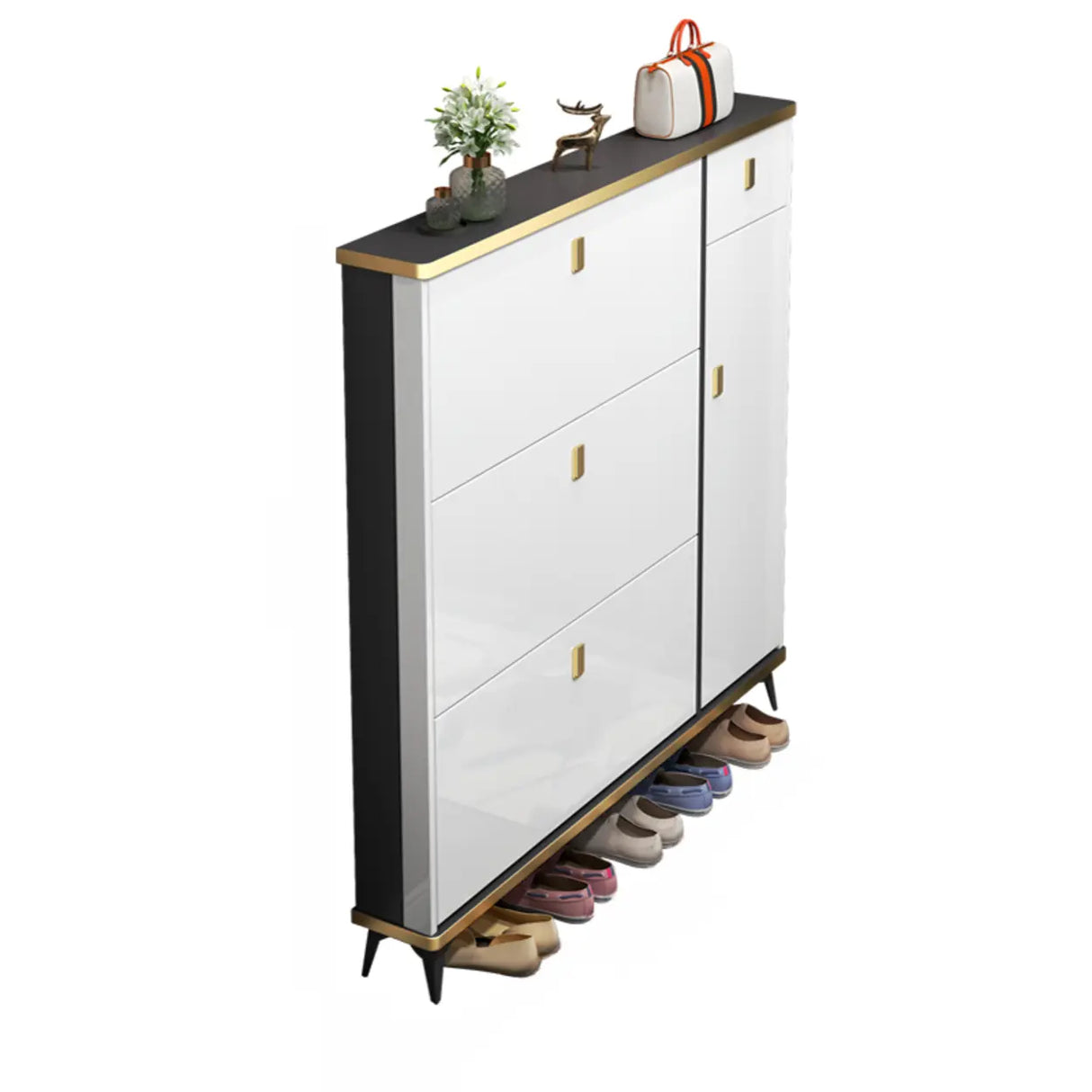 Modern Slim Tall White Wood Entryway Shoe Cabinet 3-Tiers Image - 3