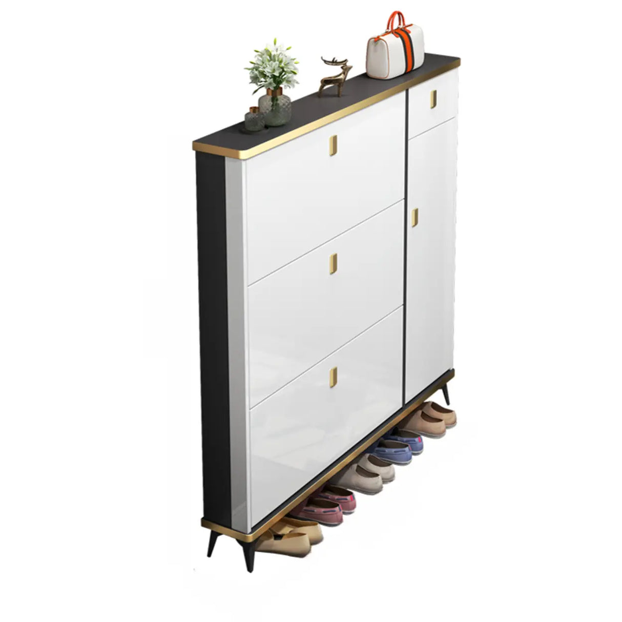 Modern Slim Tall White Wood Entryway Shoe Cabinet 3-Tiers Image - 5