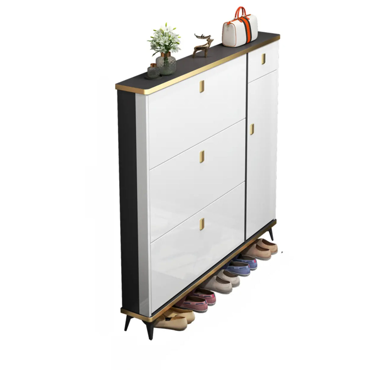 Modern Slim Tall White Wood Entryway Shoe Cabinet 3-Tiers Image - 7