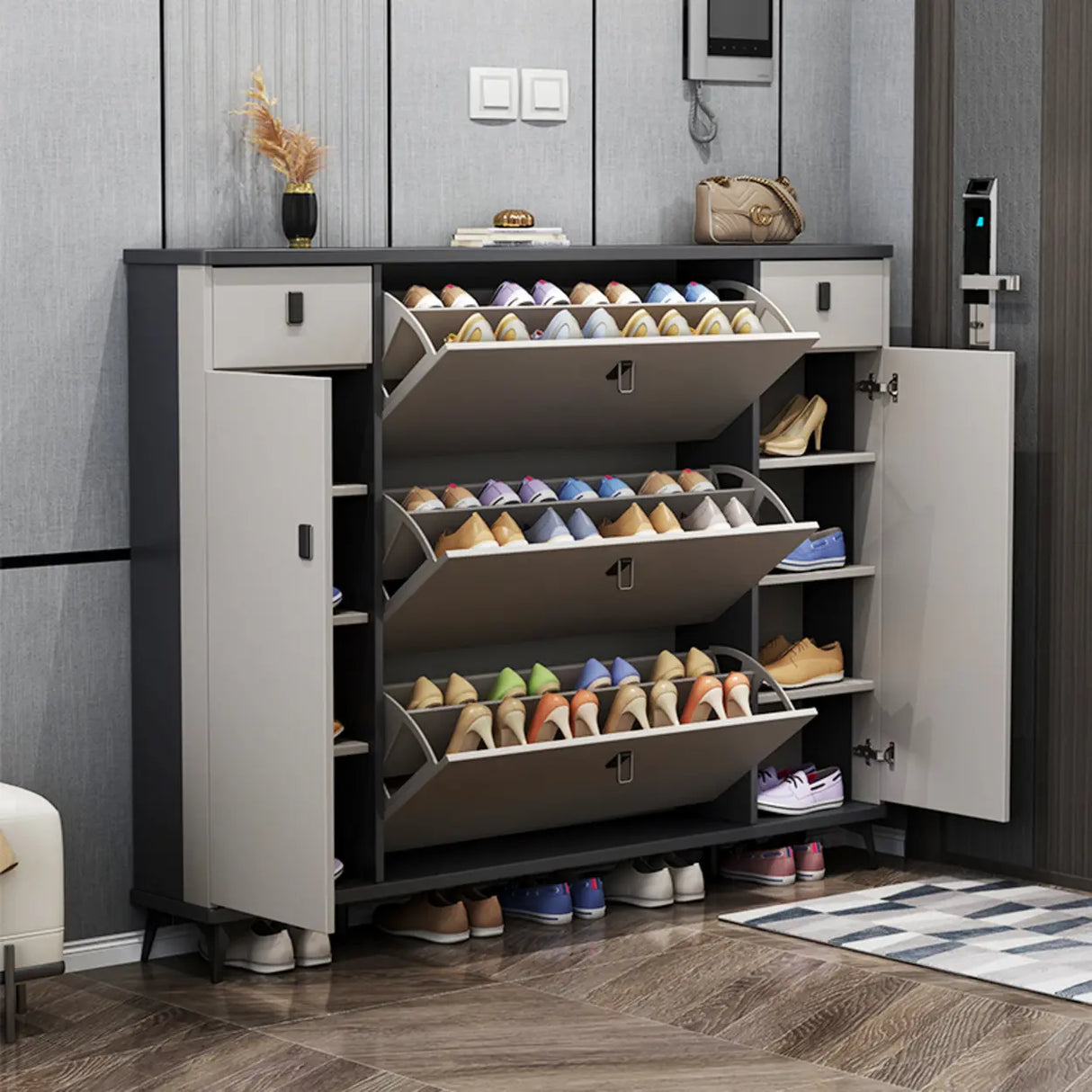 Modern Slim Tall White Wood Entryway Shoe Cabinet 3-Tiers Image - 8