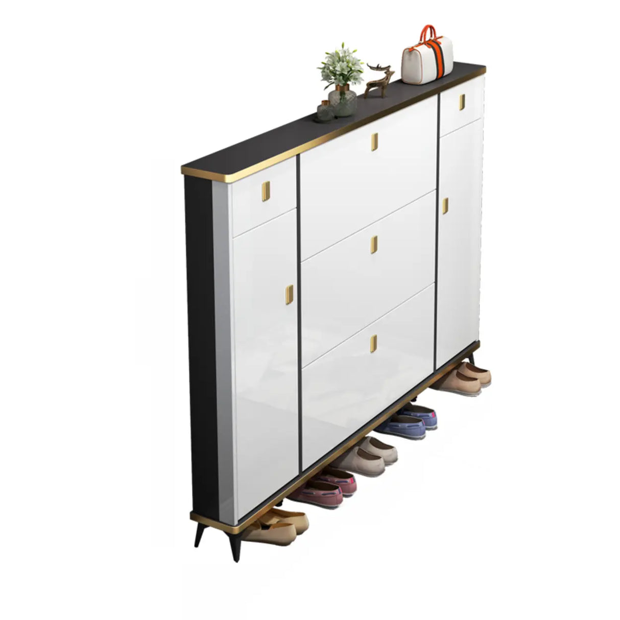 Modern Slim Tall White Wood Entryway Shoe Cabinet 3-Tiers Image - 9