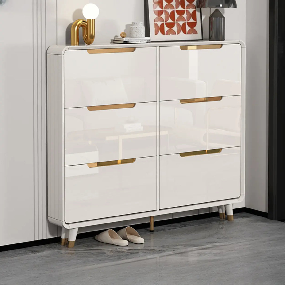 Modern Slim White Wooden Entryway Shoe Storage Cabinet Image - 10