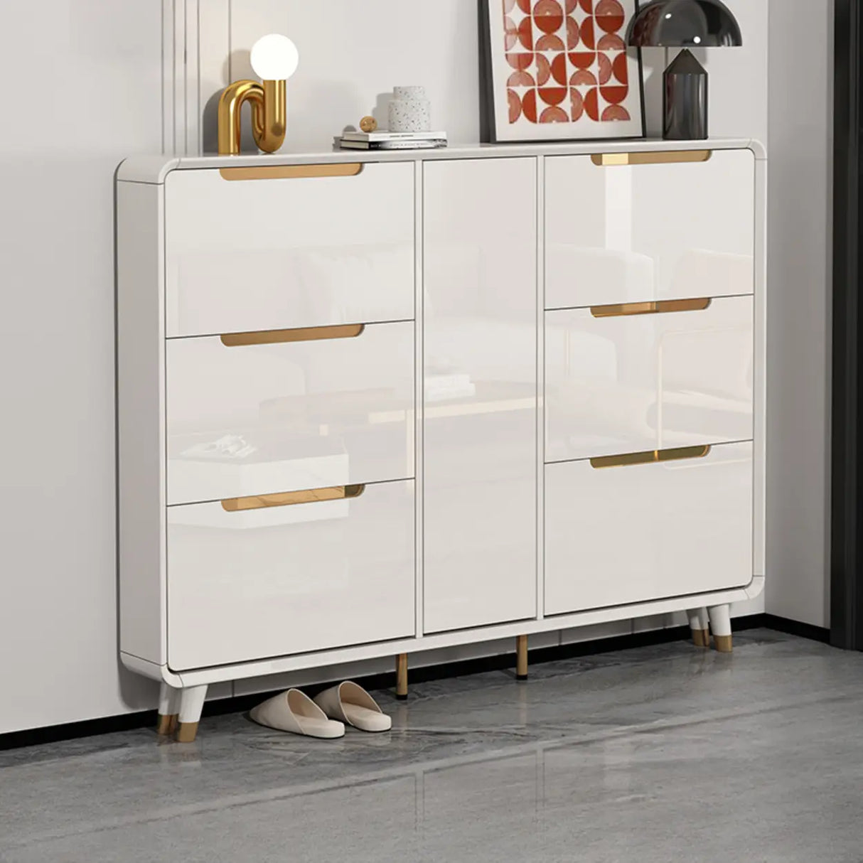 Modern Slim White Wooden Entryway Shoe Storage Cabinet Image - 12