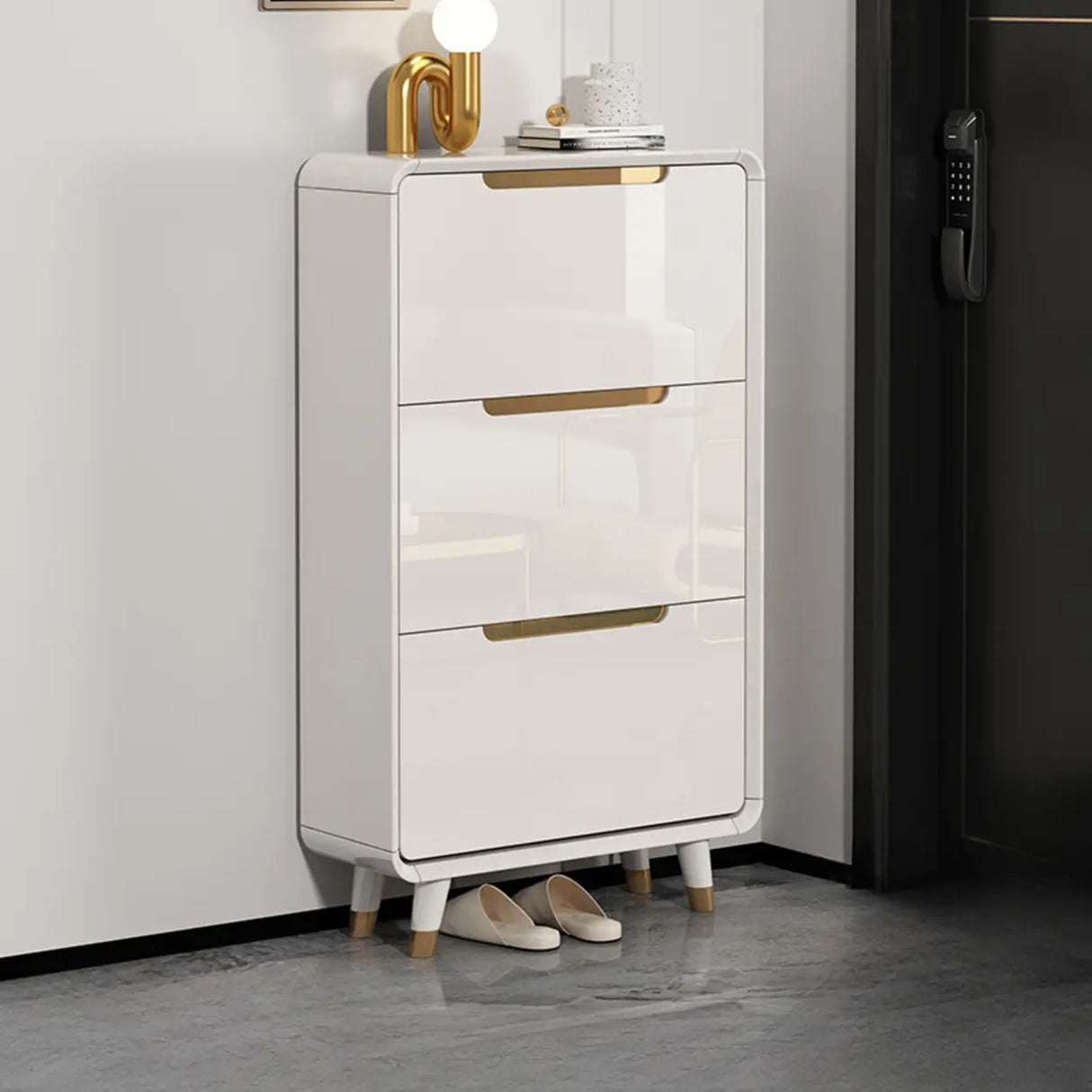 Modern Slim White Wooden Entryway Shoe Storage Cabinet Image - 14