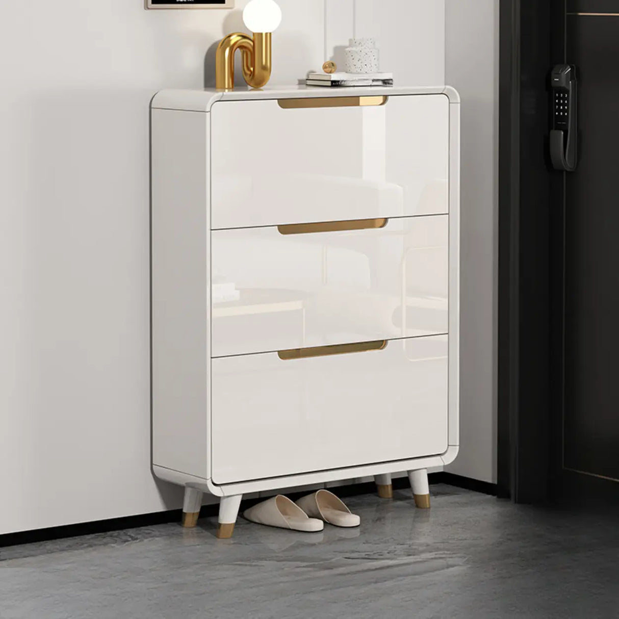 Modern Slim White Wooden Entryway Shoe Storage Cabinet Image - 16