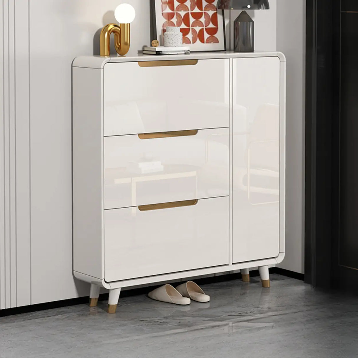Modern Slim White Wooden Entryway Shoe Storage Cabinet Image - 18