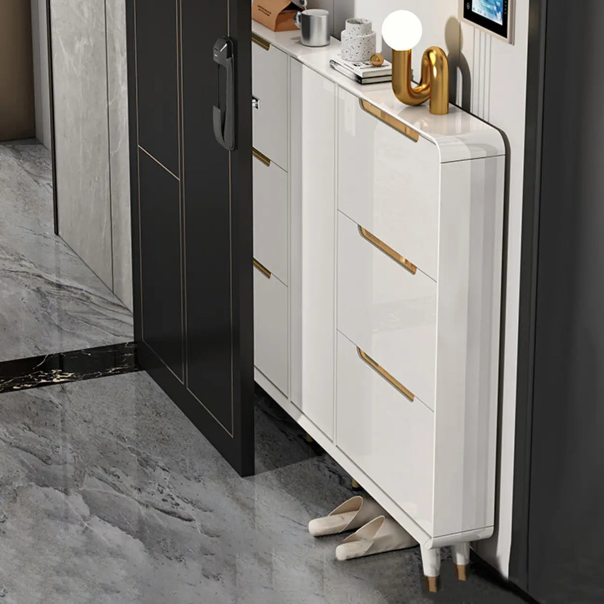 Modern Slim White Wooden Entryway Shoe Storage Cabinet Image - 1