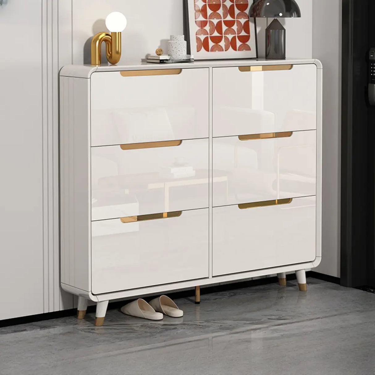 Modern Slim White Wooden Entryway Shoe Storage Cabinet Image - 20