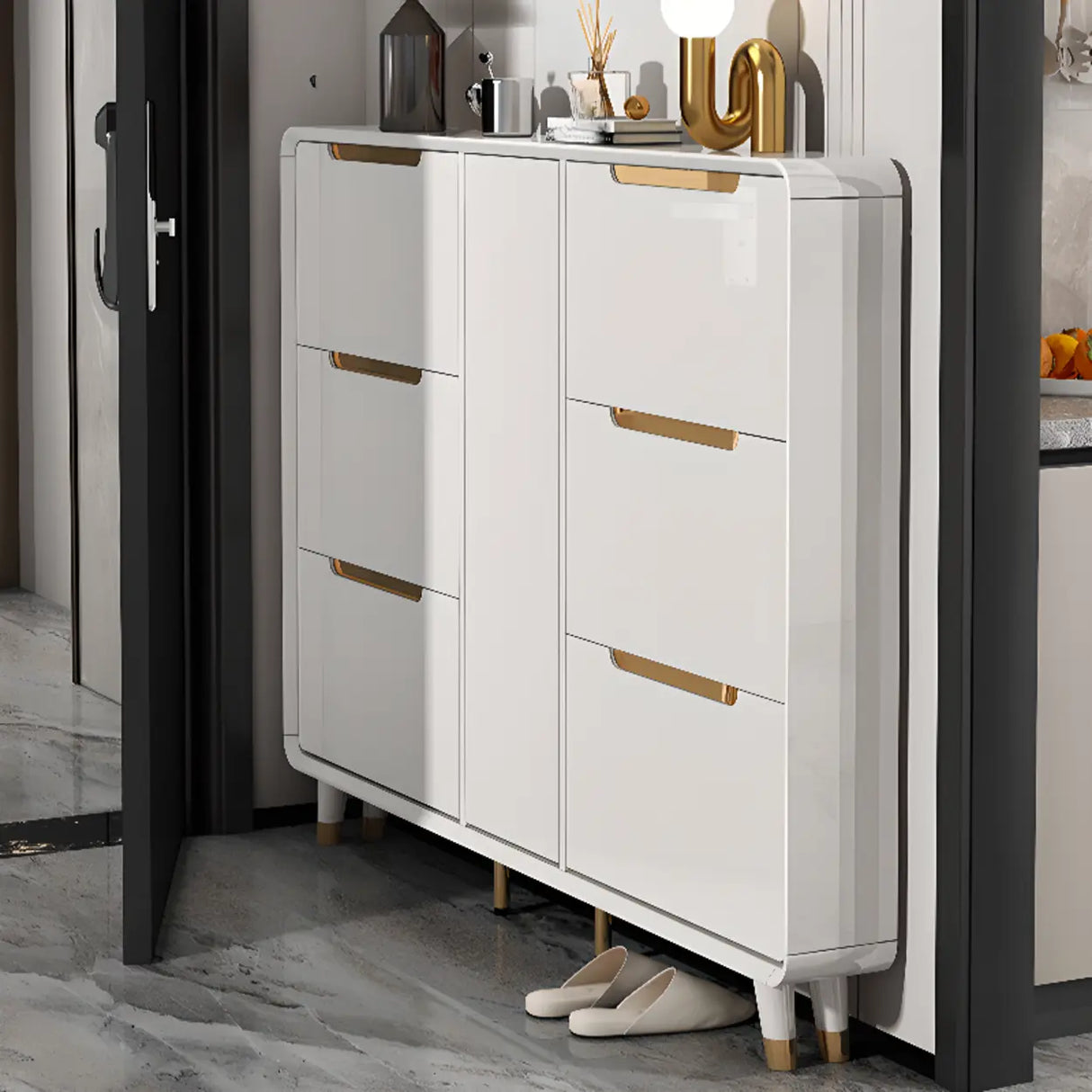 Modern Slim White Wooden Entryway Shoe Storage Cabinet Image - 3