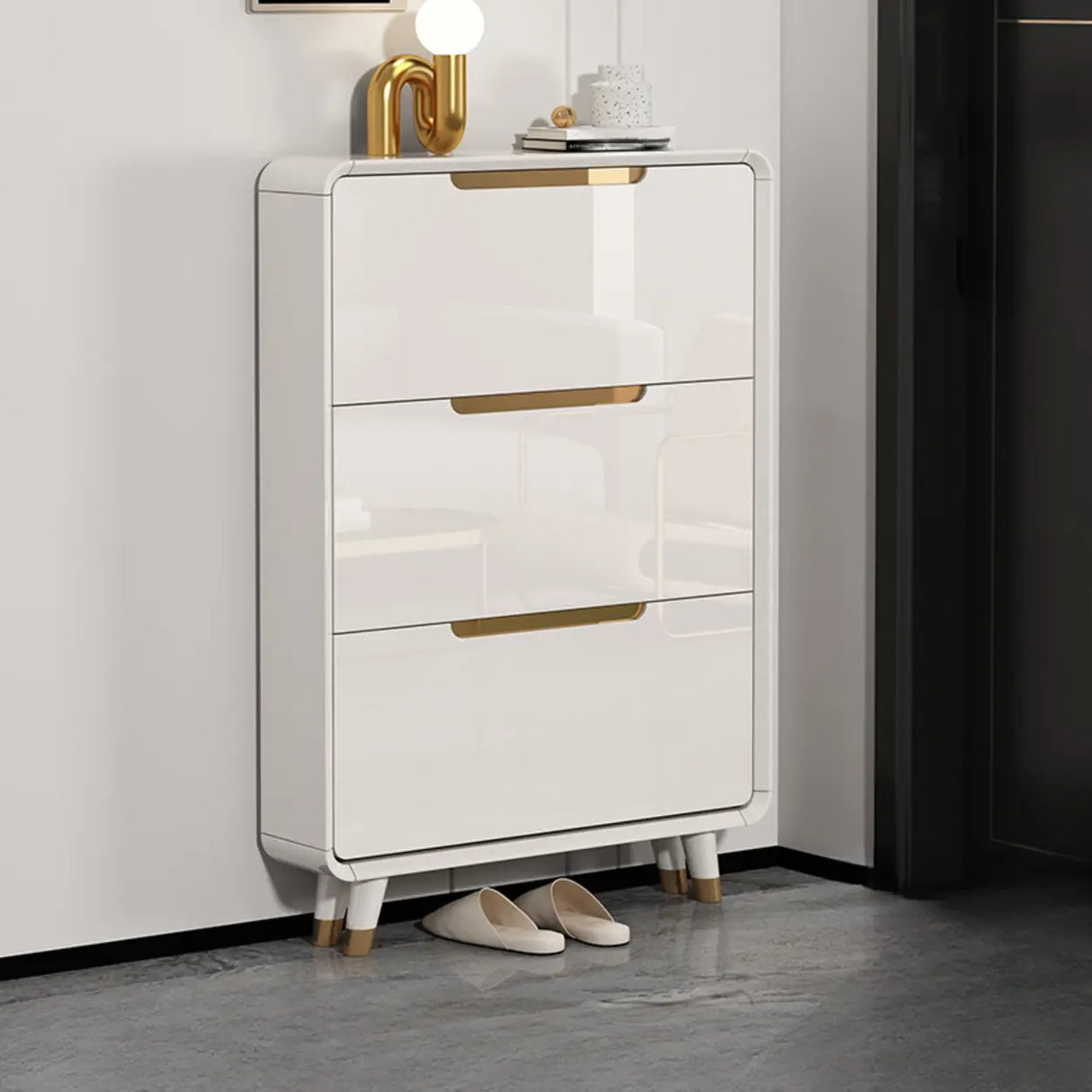 Modern Slim White Wooden Entryway Shoe Storage Cabinet Image - 4