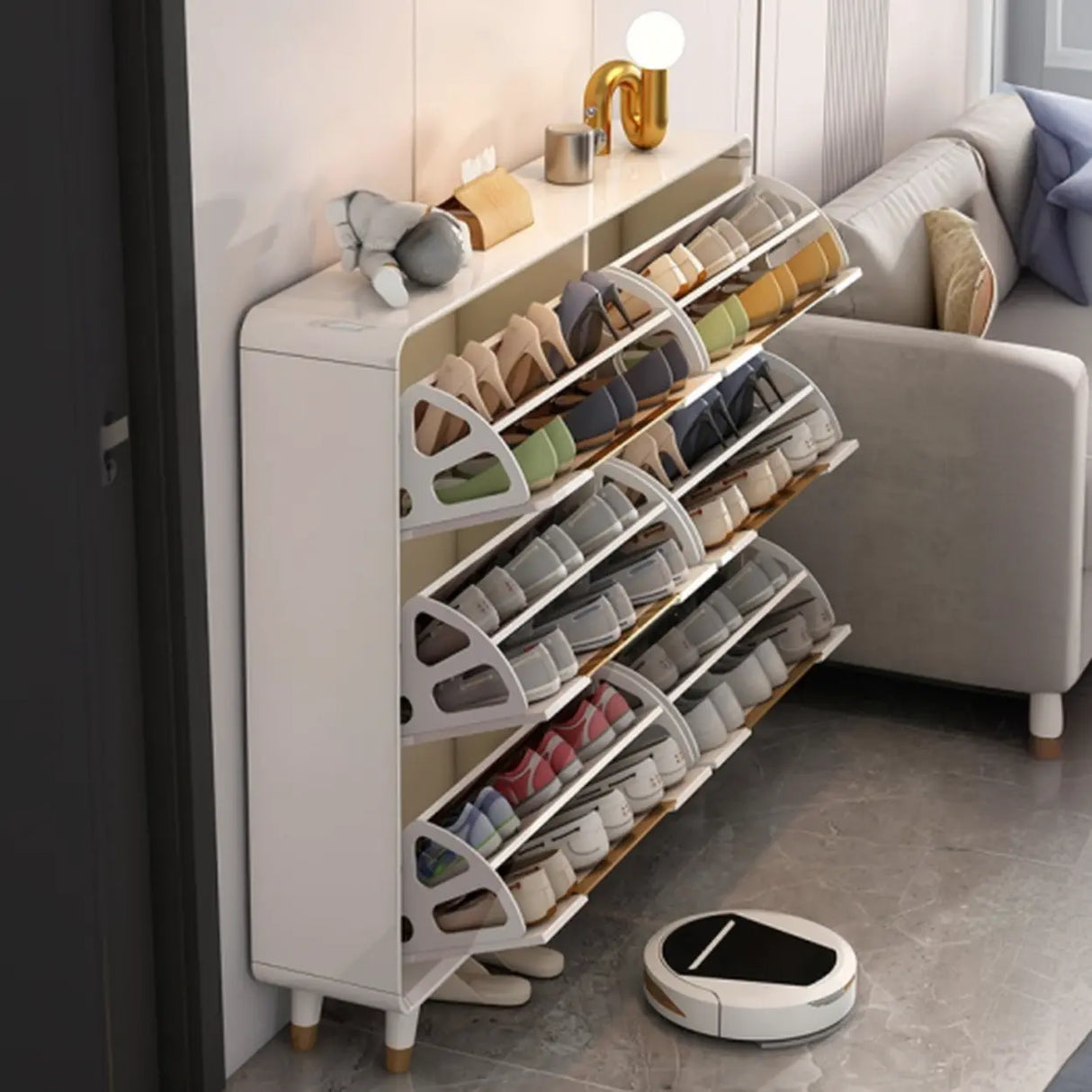 Modern Slim White Wooden Entryway Shoe Storage Cabinet Image - 6