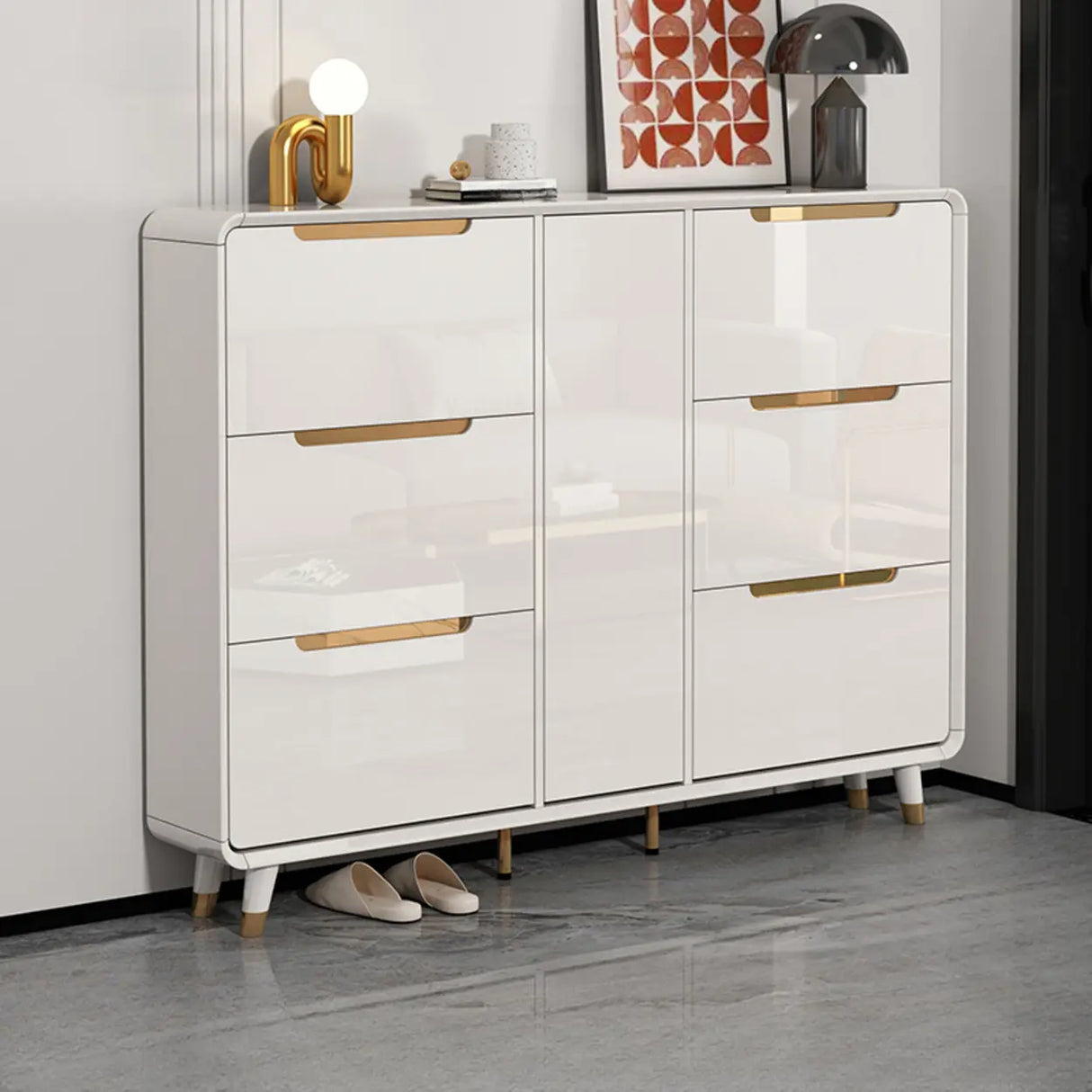 Modern Slim White Wooden Entryway Shoe Storage Cabinet Image - 7