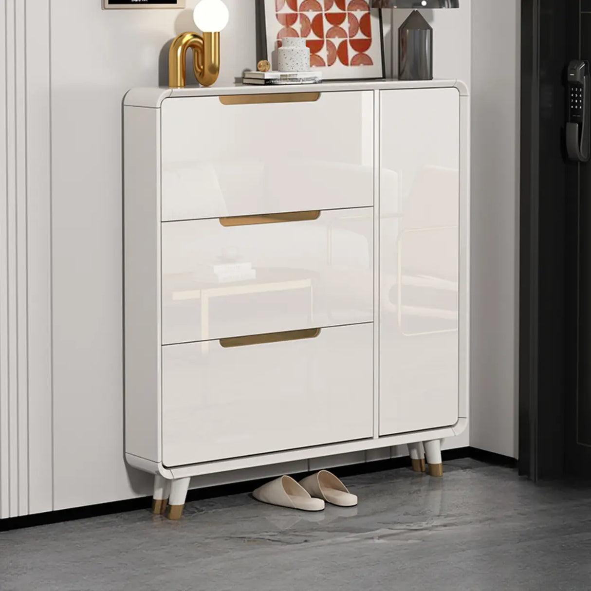 Modern Slim White Wooden Entryway Shoe Storage Cabinet Image - 8