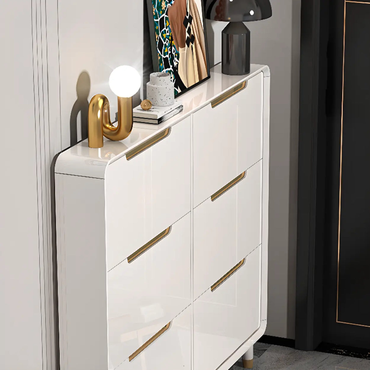 Modern Slim White Wooden Entryway Shoe Storage Cabinet Image - 9