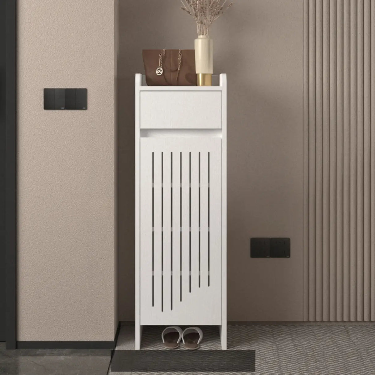 Modern Slim Wood Hallway Beige Medium Shoe Cabinet Image - 22
