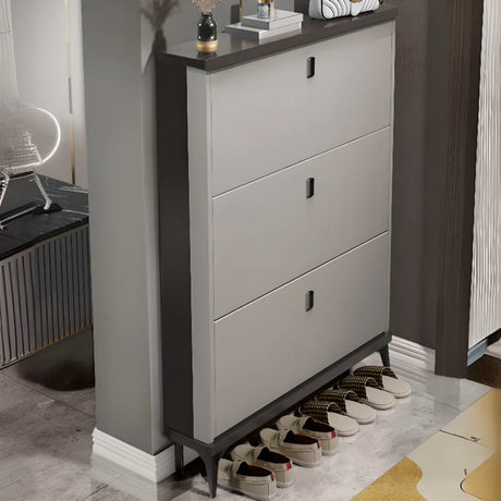 Modern Slim Wood Shoe Cabinet Hallway Gray 3-Tier Storage Image - 1