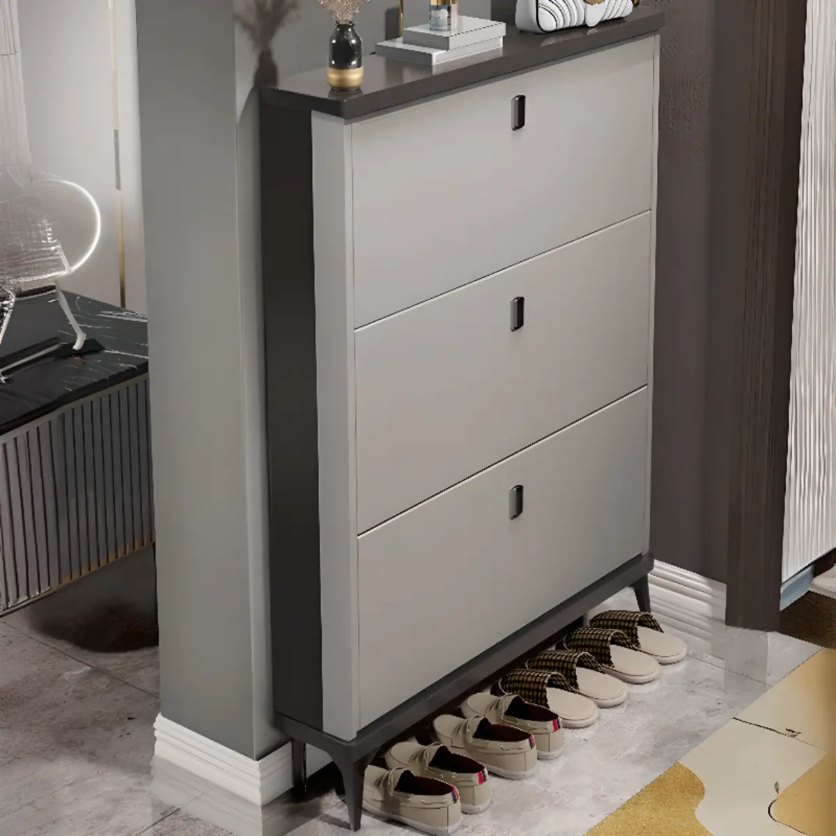 Modern Slim Wood Shoe Cabinet Hallway Gray 3-Tier Storage Image - 1