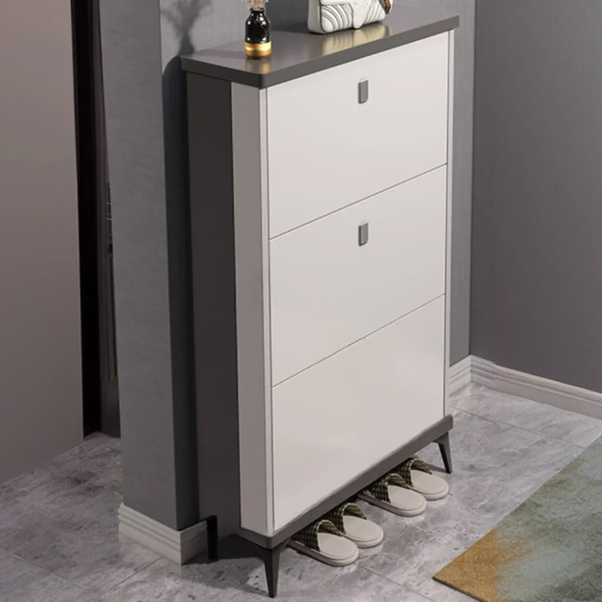 Modern Slim Wood Shoe Cabinet Hallway Gray 3-Tier Storage Image - 10