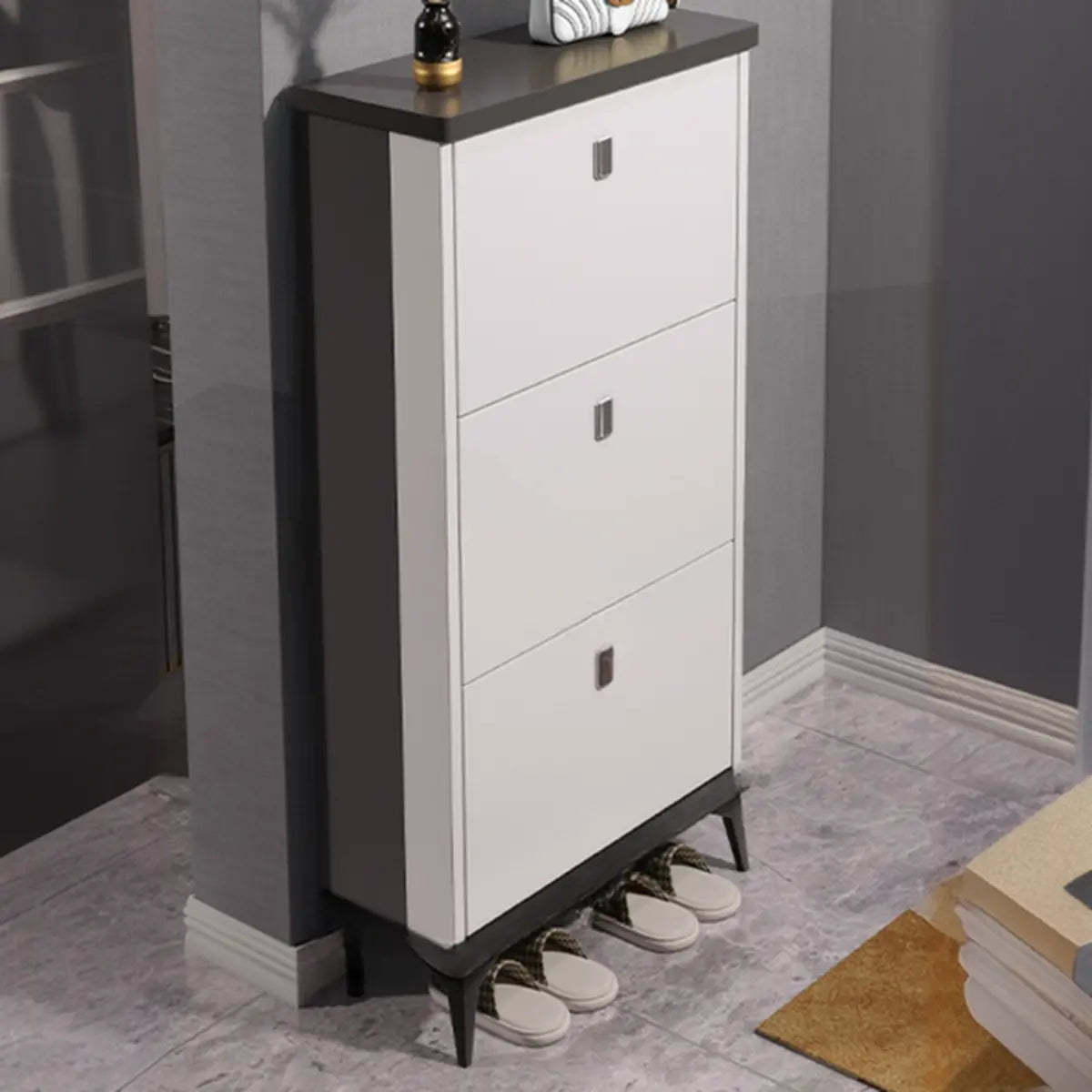 Modern Slim Wood Shoe Cabinet Hallway Gray 3-Tier Storage Image - 12