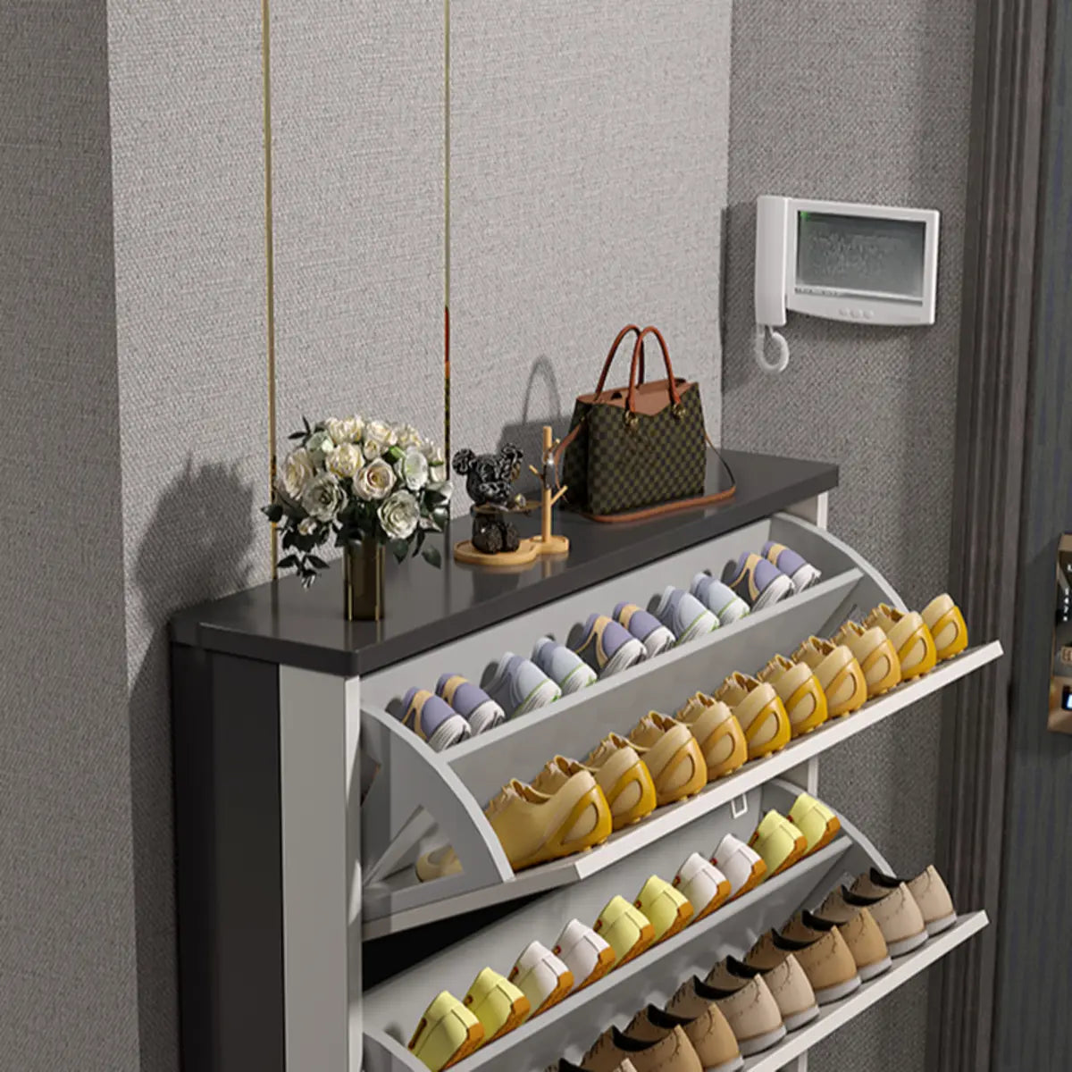 Modern Slim Wood Shoe Cabinet Hallway Gray 3-Tier Storage Image - 13