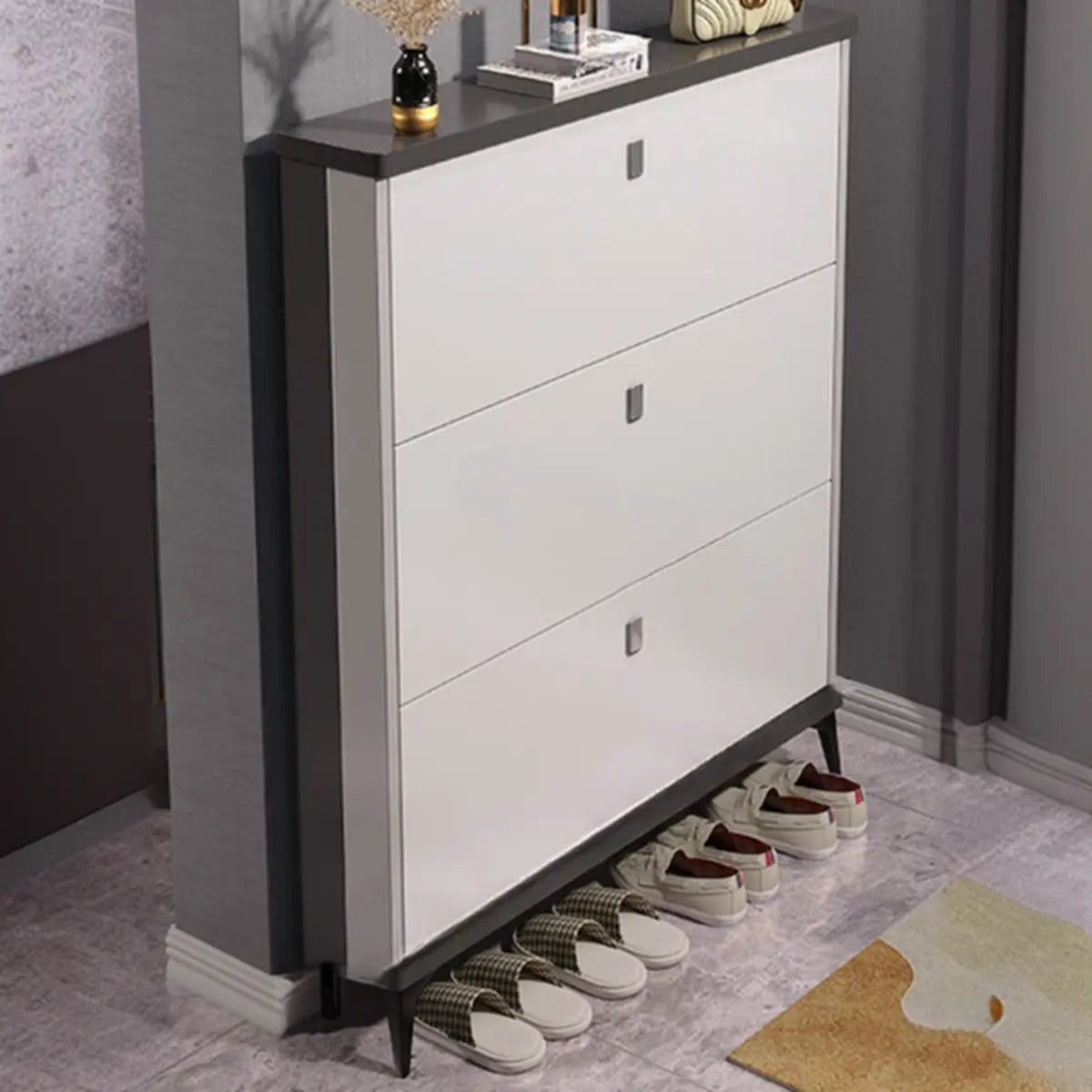 Modern Slim Wood Shoe Cabinet Hallway Gray 3-Tier Storage Image - 14