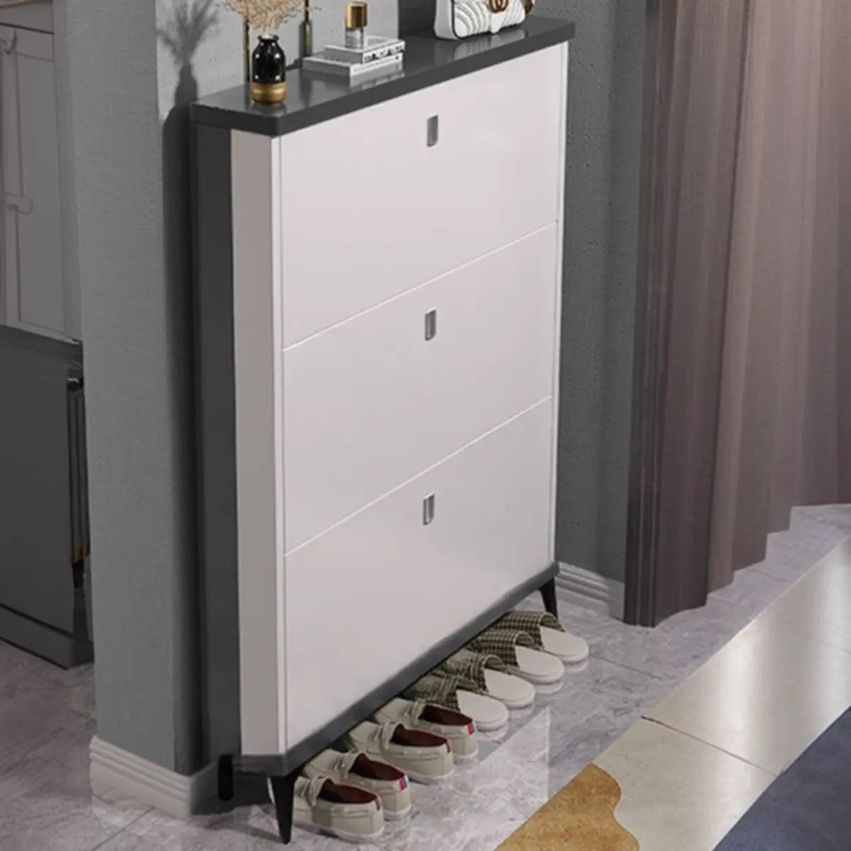 Modern Slim Wood Shoe Cabinet Hallway Gray 3-Tier Storage Image - 15
