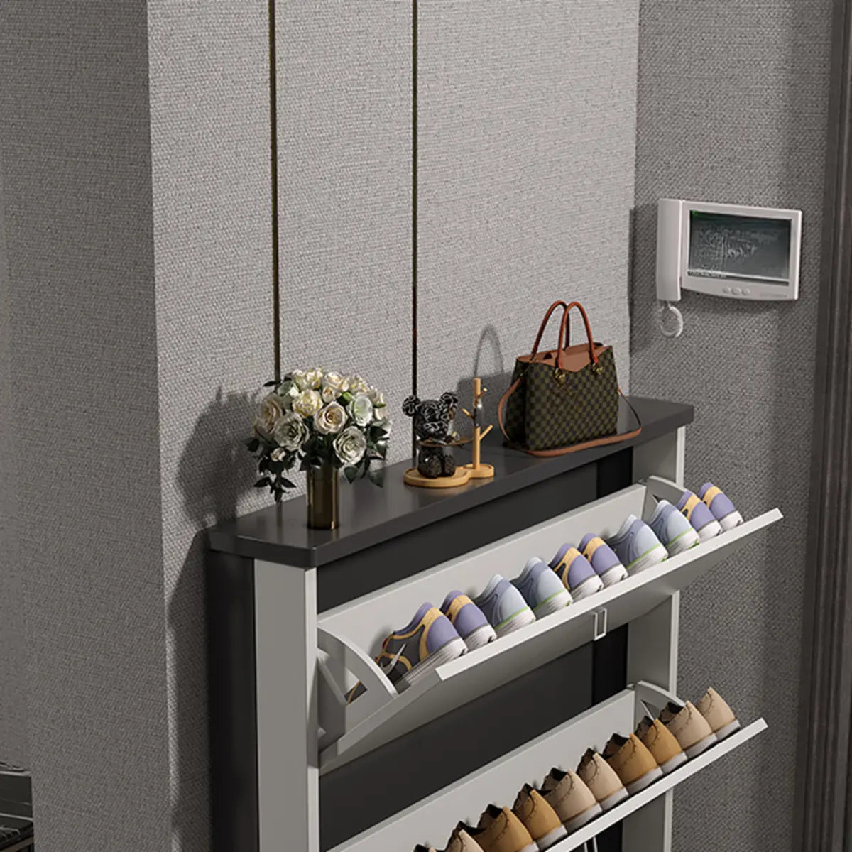 Modern Slim Wood Shoe Cabinet Hallway Gray 3-Tier Storage Image - 16