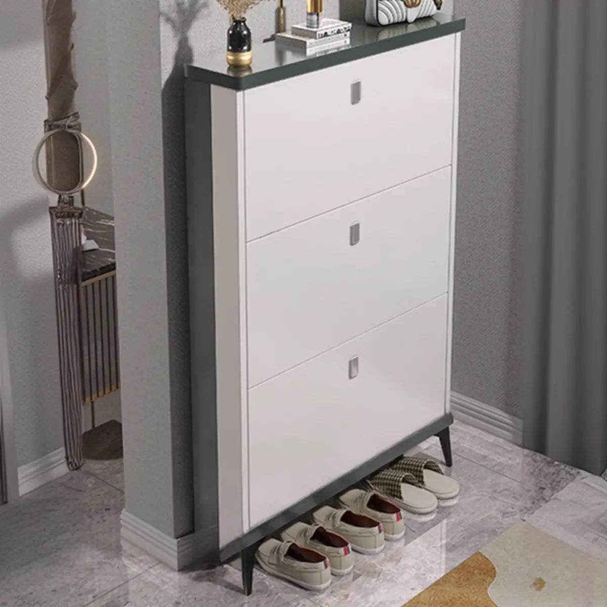 Modern Slim Wood Shoe Cabinet Hallway Gray 3-Tier Storage Image - 17