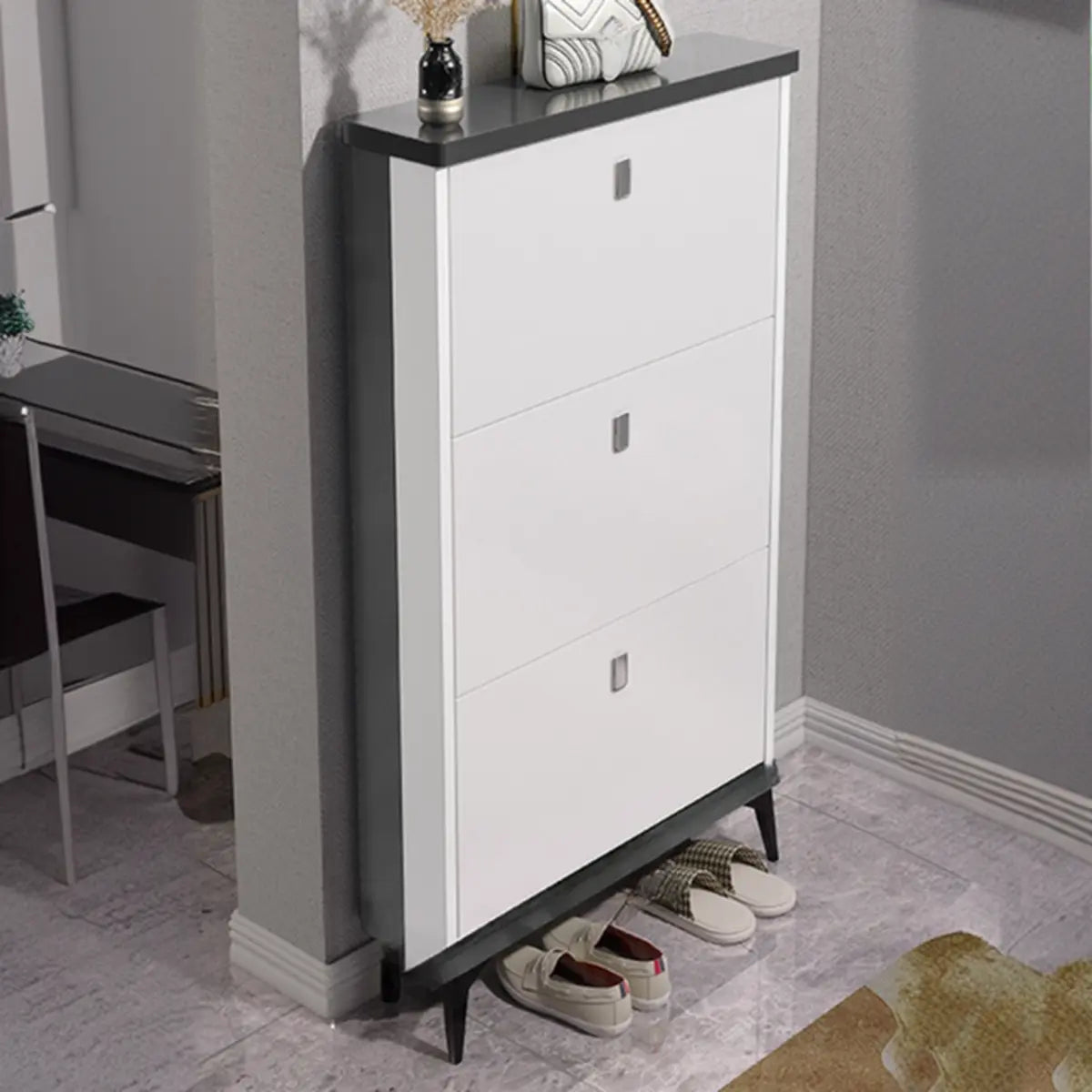 Modern Slim Wood Shoe Cabinet Hallway Gray 3-Tier Storage Image - 19