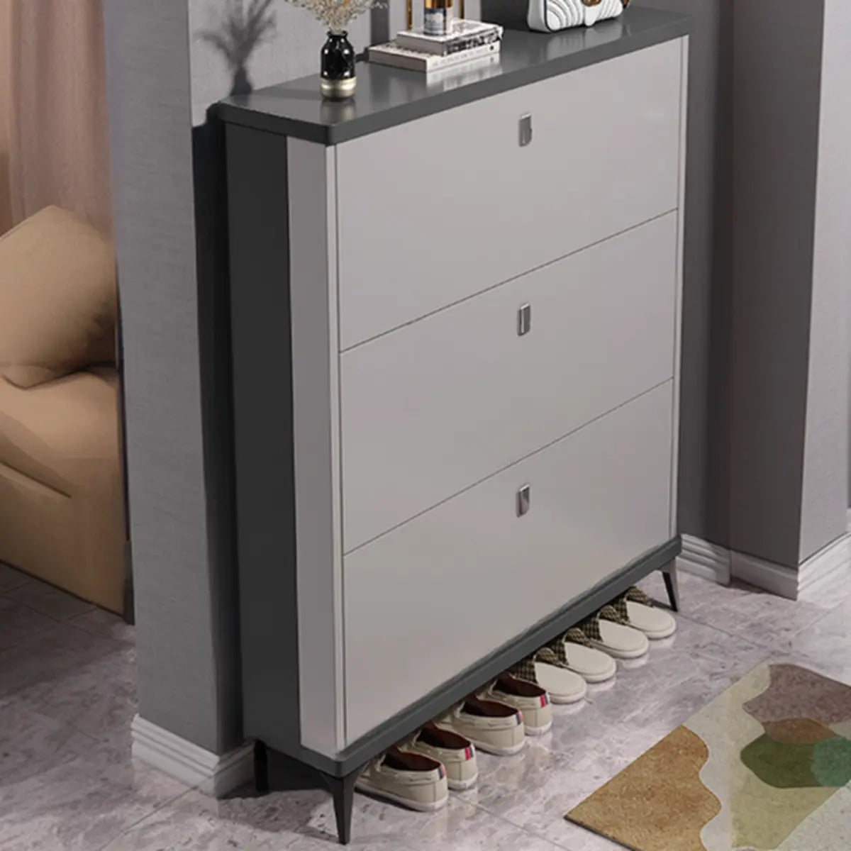 Modern Slim Wood Shoe Cabinet Hallway Gray 3-Tier Storage Image - 23