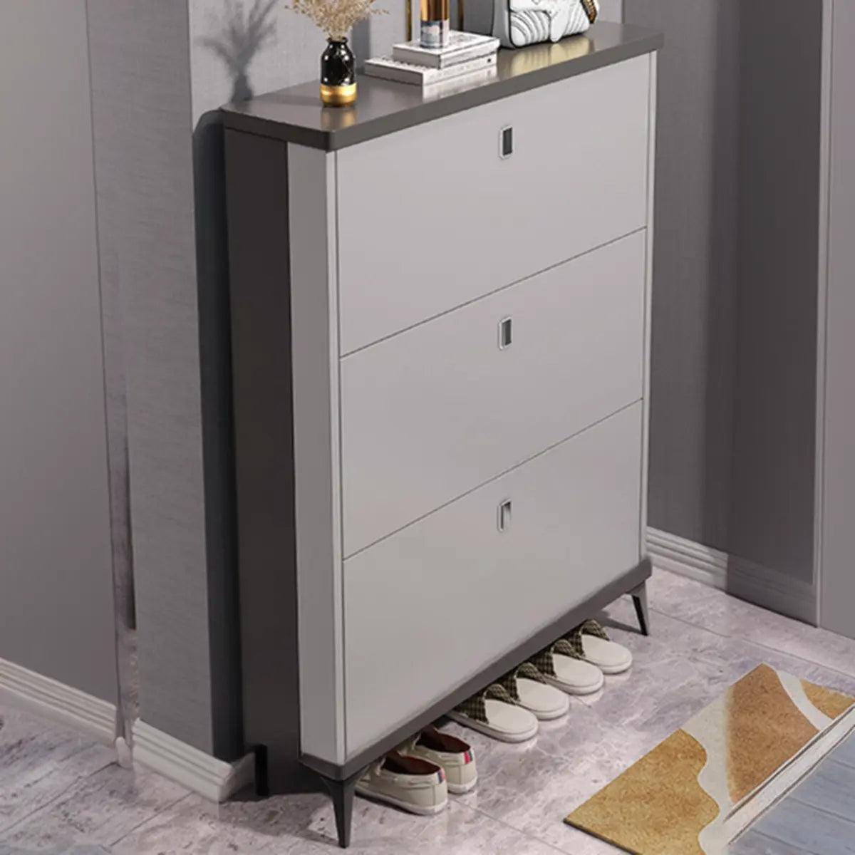 Modern Slim Wood Shoe Cabinet Hallway Gray 3-Tier Storage Image - 24