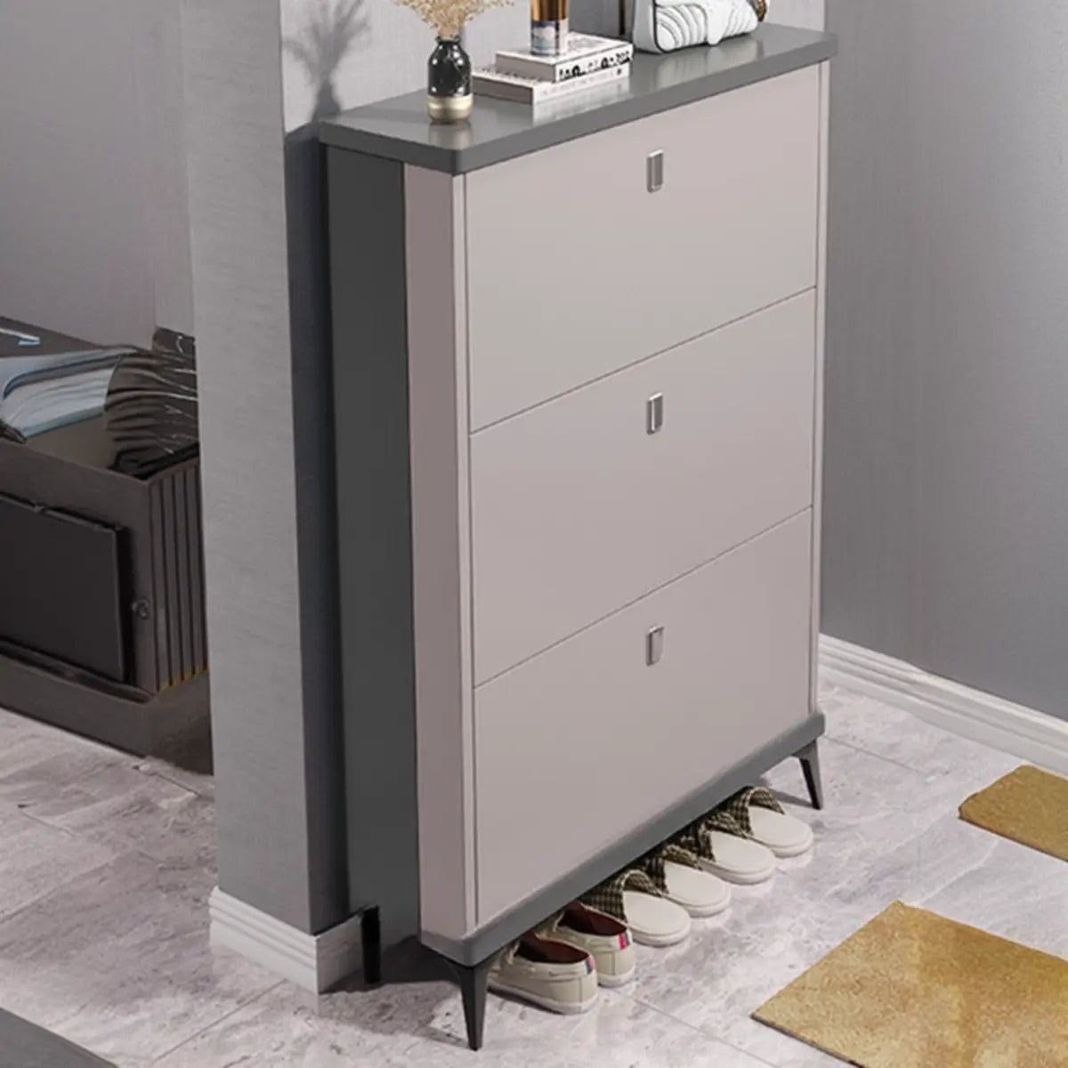 Modern Slim Wood Shoe Cabinet Hallway Gray 3-Tier Storage Image - 25