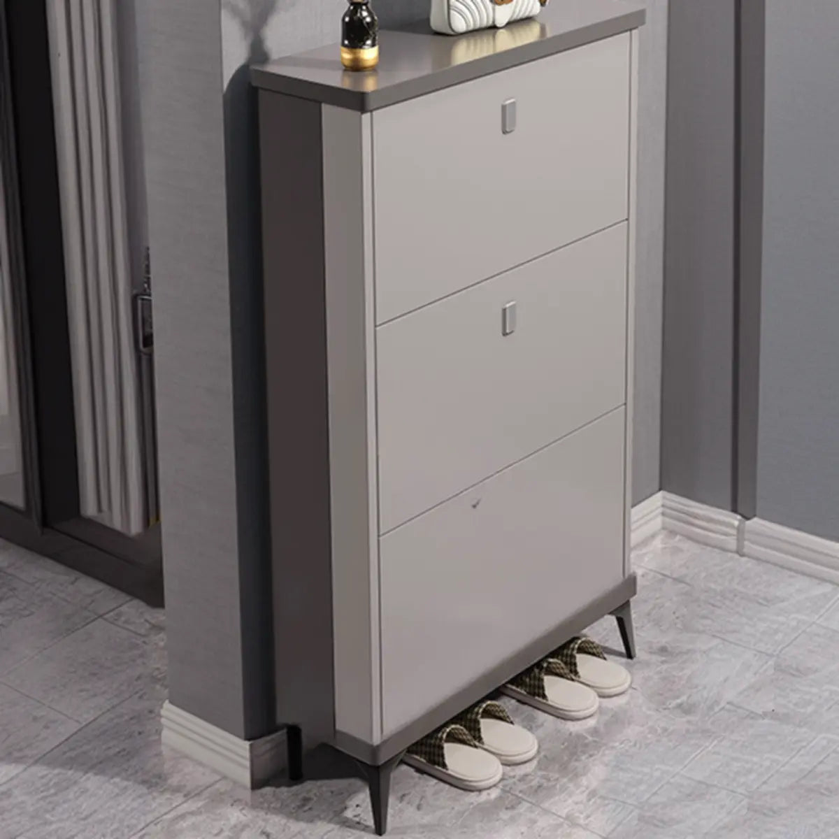 Modern Slim Wood Shoe Cabinet Hallway Gray 3-Tier Storage Image - 26
